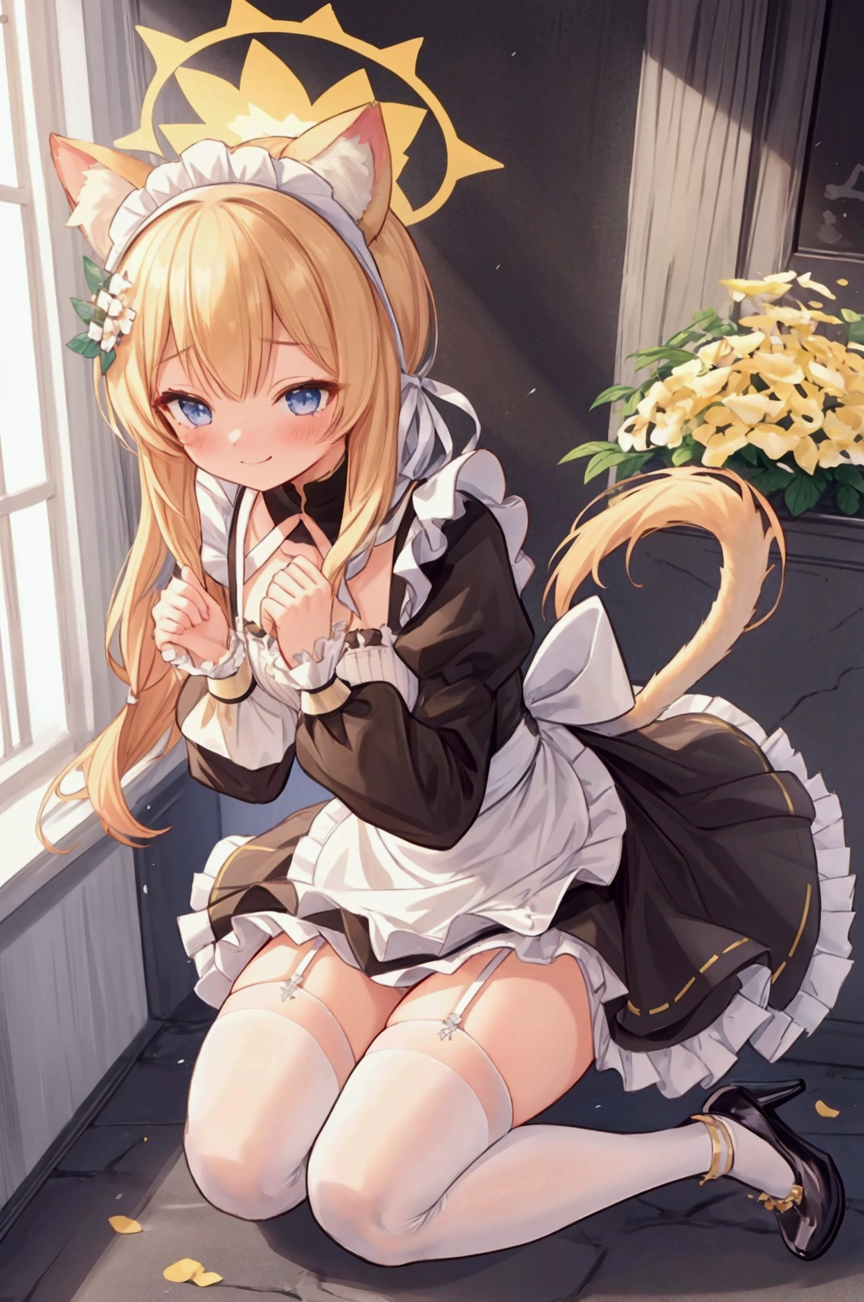  girl、Blonde、Animal Ears、Beast&#39;s Tail、 shy laugh 、 maid outfit 、 Maid's Headdress、 cafeteria 、Frills、ribbon、 white garter belt 、 high heels