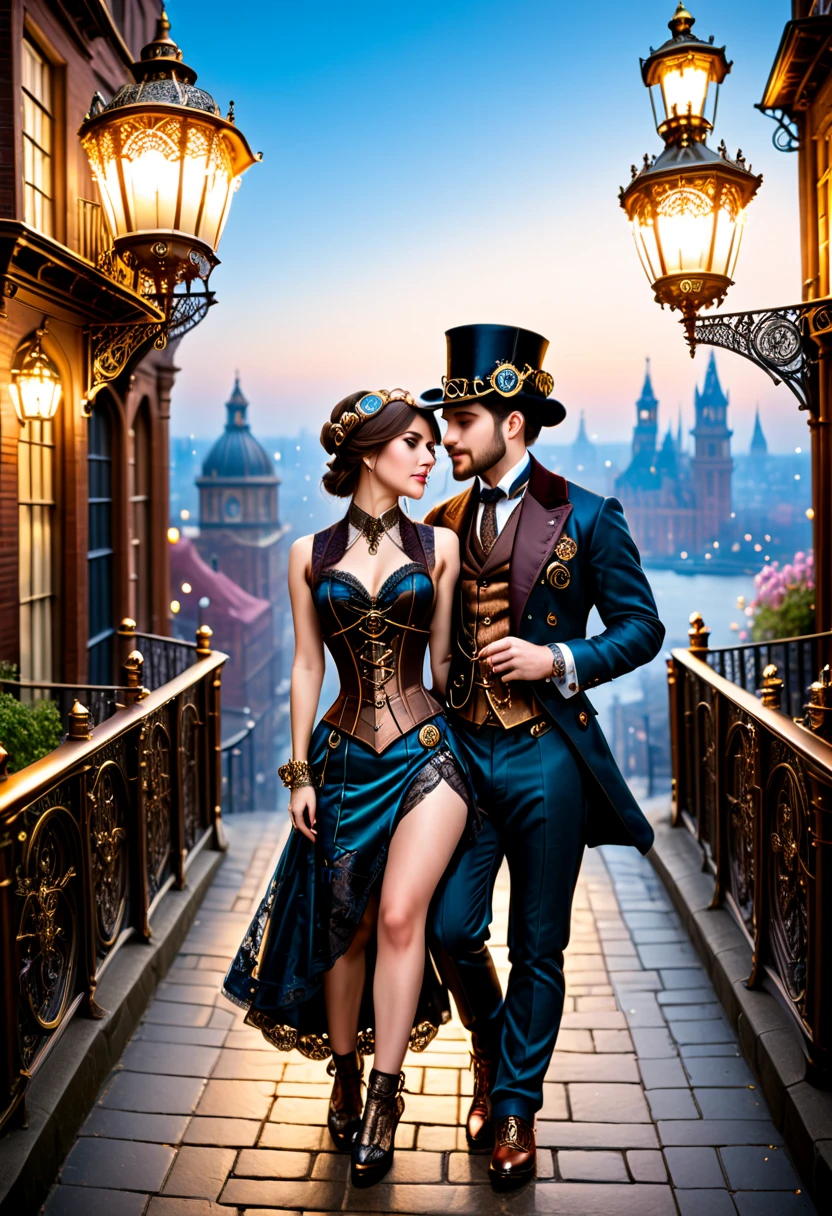 A romantic steampunk scene featuring a couple standing on a cobblestone bridge overlooking a glowing cityscape filled with intricate Victorian-style buildings, airships, and chimneys releasing steam. The man wears a tailored waistcoat, top hat, and brass goggles, holding the hand of a woman in a corset dress with detailed lace, a parasol adorned with gears, and a mechanical arm. The couple gazes into each other’s eyes under the soft light of a gas lamp, surrounded by a warm ambiance of bronze, gold, and the soft blue glow of the evening sky. Fine details include their expressions of deep affection and the intricate craftsmanship of their attire and accessories.