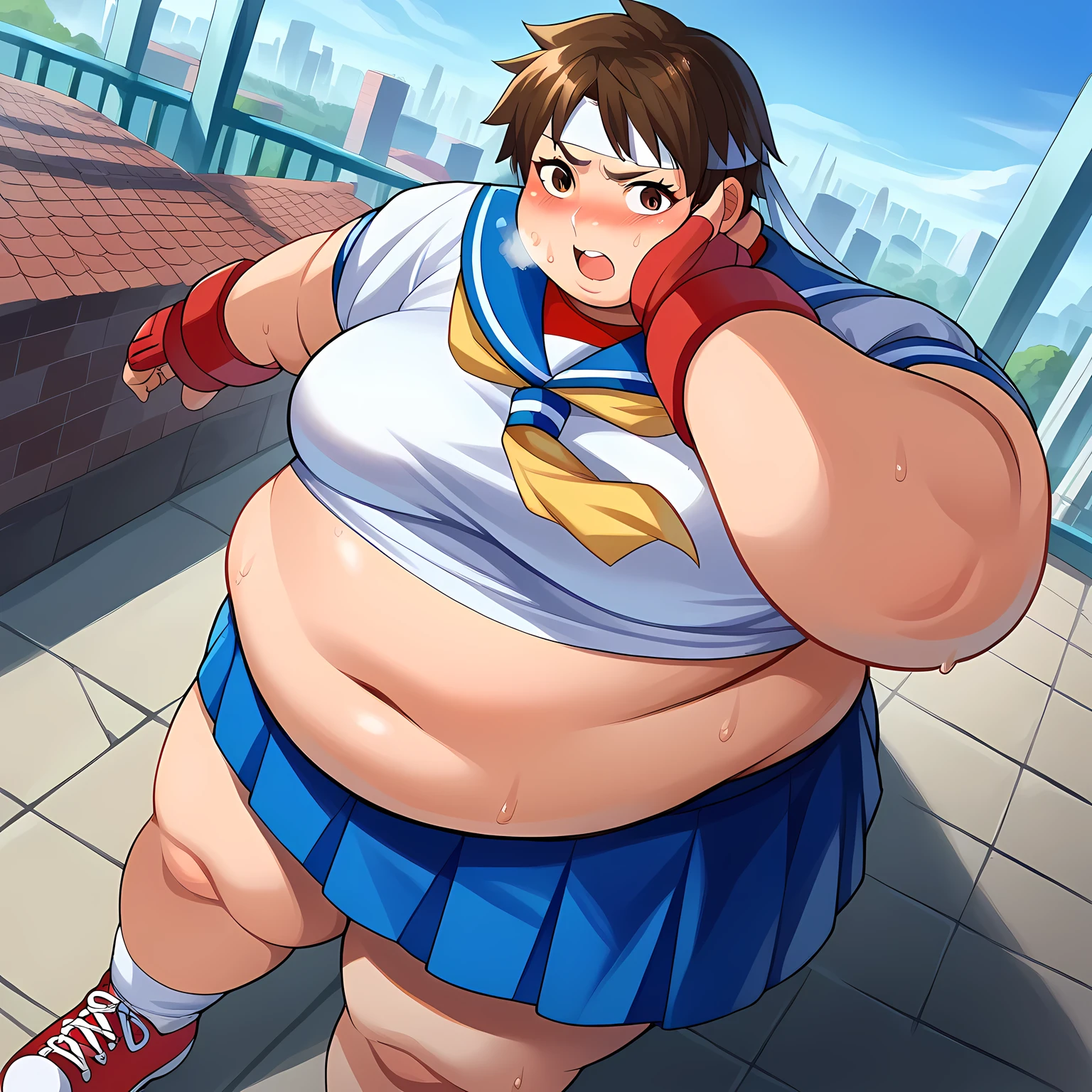 score_9, score_8_up, score_7_up, source_anime,
sakurakasugano, sakura kasugano, brown eyes, brown hair, short hair, mature female,
ankle socks, blue skirt, crop top, headband, midriff, miniskirt, navel, sailor collar, school uniform, shoes, short sleeves, skirt, sneakers, socks, stomach, shirt, white shirt, white headband, gloves, red gloves,
outdoors, cityscape,
looking at viewer, dutch angle, cowboy shot, swollen face, fat, chubby, obese, open mouth, out of breath, absurdres, highres icon, rating:General, confused, blush, {flustered}, nervous sweating, portrait, pov hands, hand on another's cheek, averting eyes, [looking away], straight-on, from above,  upper body, masterpiece, best quality, ultra-detailed, high resolution, 8K, 