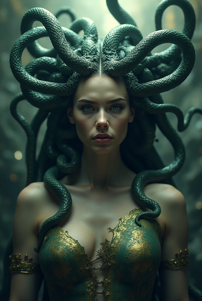 Ful body pose, long legs, Full body, masterpiece body, Full body, Ful body view , full pose , ((best quality)), ((masterpiece)), ((realistic)), Medusa, full miracle body, the hair is composed of countless snakes, snake hair, visible head snakes, snakes have poision fangs, snakes have a shiny red eyes, multicolored hair, miracle pretty female face, medium breast,tall body, seductive body, metal carved top, royal aura, trend on artstation , sharp focus, studio photo, intricate detail, very detailed, detailed eye, illustration, very detailed, sharp focus, digital render, professional, 4K, Detailed, Realistic, 4k highly detailed digital art,octane render, bioluminescent, resolution concept art, realism,by Mappa studios,masterpiece,best quality,official art,illustration,ligne claire,(cool_color),perfect composition,absurdres, fantasy, focused, rule of third, fit body , belly muscle, 75D breast , miracle scenery , atrctive face , miracle face, Organza transparent Wawy clothers, no underwear, miracle around scenery old temple around lot of turned to stone people , morę visible snakes head with the fangs, Organza more transparent (transparency 2.0 )