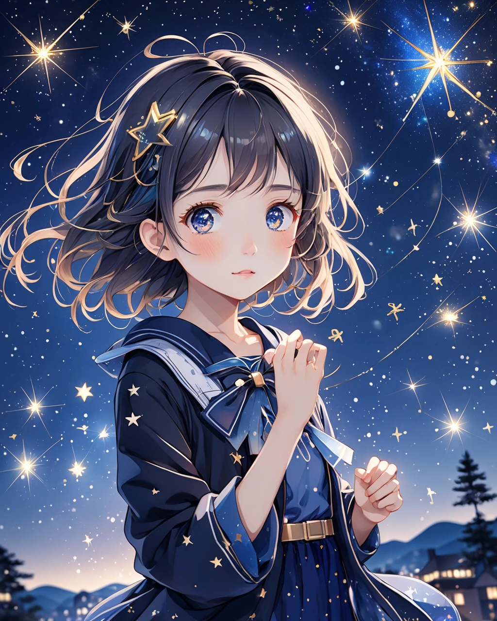  anime style with countless twinkling stars, 1 girl ,  design an image that highlights the charm of the starry night sky, Along with countless twinkling stars,  constellation, And the Milky Way.,masterpiece,  top quality,