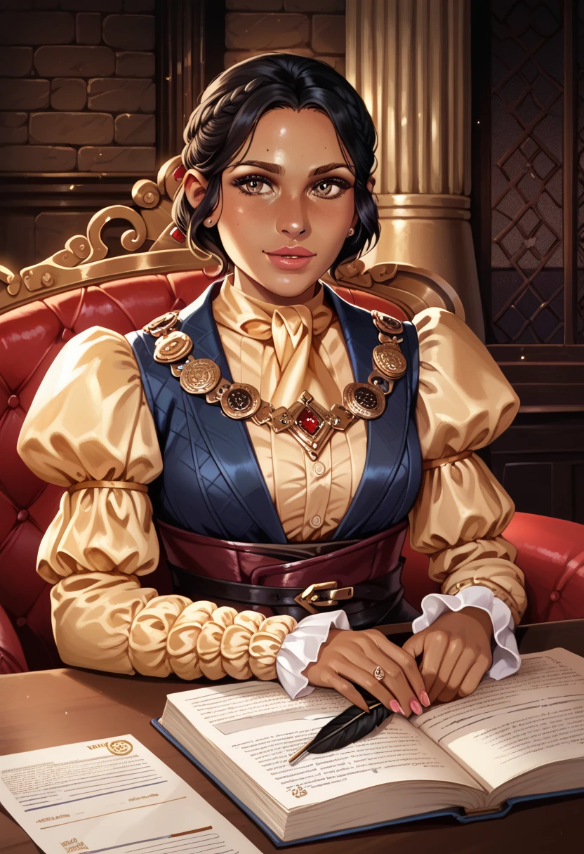 Illustration, Realistic proportions, DAJosephine, 1girl, black hair, brown eyes, dark skin, comfy castle room woth a chimney, sitting on a noble red armchair, a desk in front of her, she has a quill pen in hand and is signing pergaments