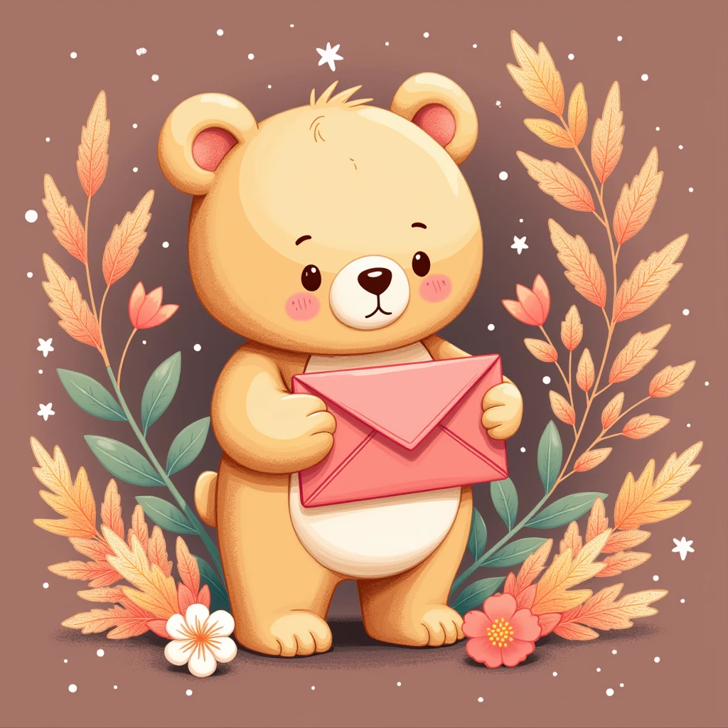 Pattern2,A whimsical 2D illustration in a decorative, realistic picture style, featuring 1 cute, light brown stuffed bear. The bear holds a pink envelope attached to its hand, surrounded by intricate botanical motifs with glowing, inverted outlines and shining decorative lines. A happy atmosphere radiates from the scene, enhanced by glowing and shining effects throughout the illustration. Canon, best quality, HD.