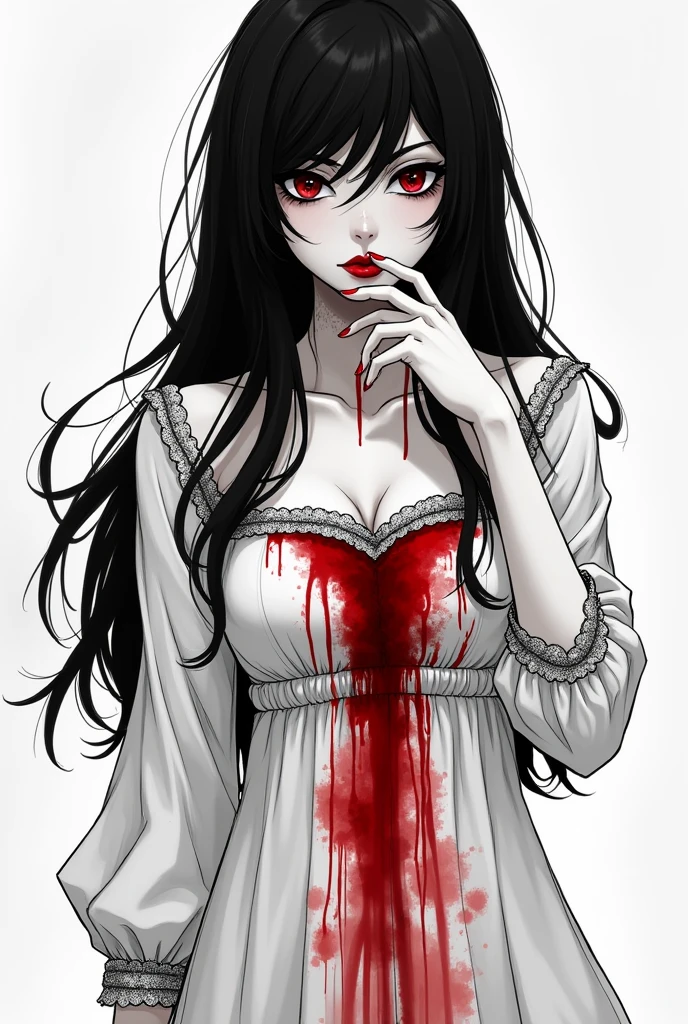 (absurdres:1.5), (highres), (masterpiece), (best quality:1.1), (ultra-detailed:1.1), (extremely delicate and beautiful), (Bloody beautiful face), 1 girl In a dark bloody room, beautiful face, (detailed face), best quality, curse, horror, dark hair, big boobs, realistic expression, realistic skin texture, glaring red eyes, grinning with bared teeth, ( Dressed in bloody white dress), (bloody white dress)), night, (dark bloody room:1.5), (bloody:1.5)(horror:1.5)