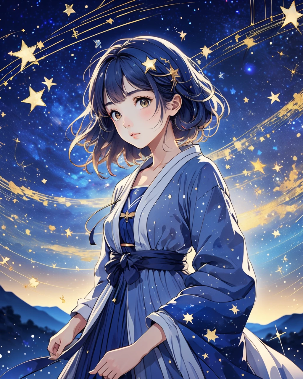 Anime style 1 woman ,  design an image that highlights the charm of the starry night sky, Along with countless twinkling stars,  constellation, And the Milky Way.,masterpiece,  top quality,