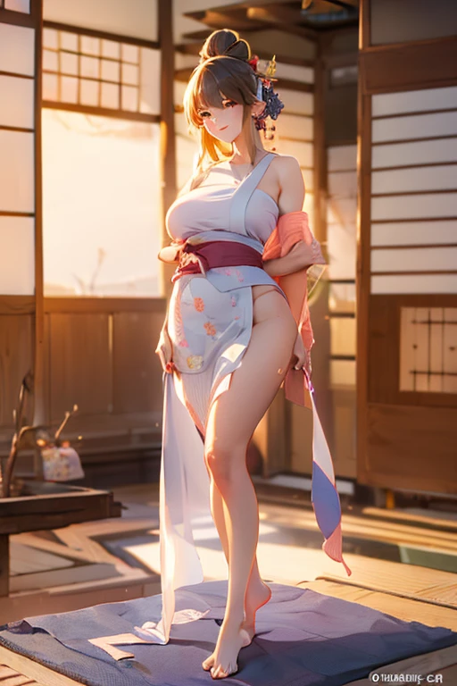 ((Best Quality)), ((masterpiece)), (detailed),Perfect Anatomy 1.5,Natural Light,Steam 1.3,Sweat all over the body,(((Full-body shot of a like woman on a tatami mat in a ryokan,Blushing and so cute))),Woman with long, supple black hair,Shiny hair,((Best Quality, 32k, masterpiece: 1.3, )),A well-balanced body is slim,Large Breasts,,Slim waist body line,length, Thin legs, length, Thin hands, detailedな顔, detailedな肌, fine grain, detailedな唇, detailedな舌, detailedな指, Mouth detailed, Beautiful teeth alignment, Realistic,  High resolution, Natural Light, Toned Legs, Tear bags, Round eyes, Stick your tongue out, Wearing a sheer see-through open pink yukata, A woman in a sheer see-through open pink yukata is sitting upright..5, detailed large breasts, Skin exposure is modest1.8, , No bra or panties is worn,