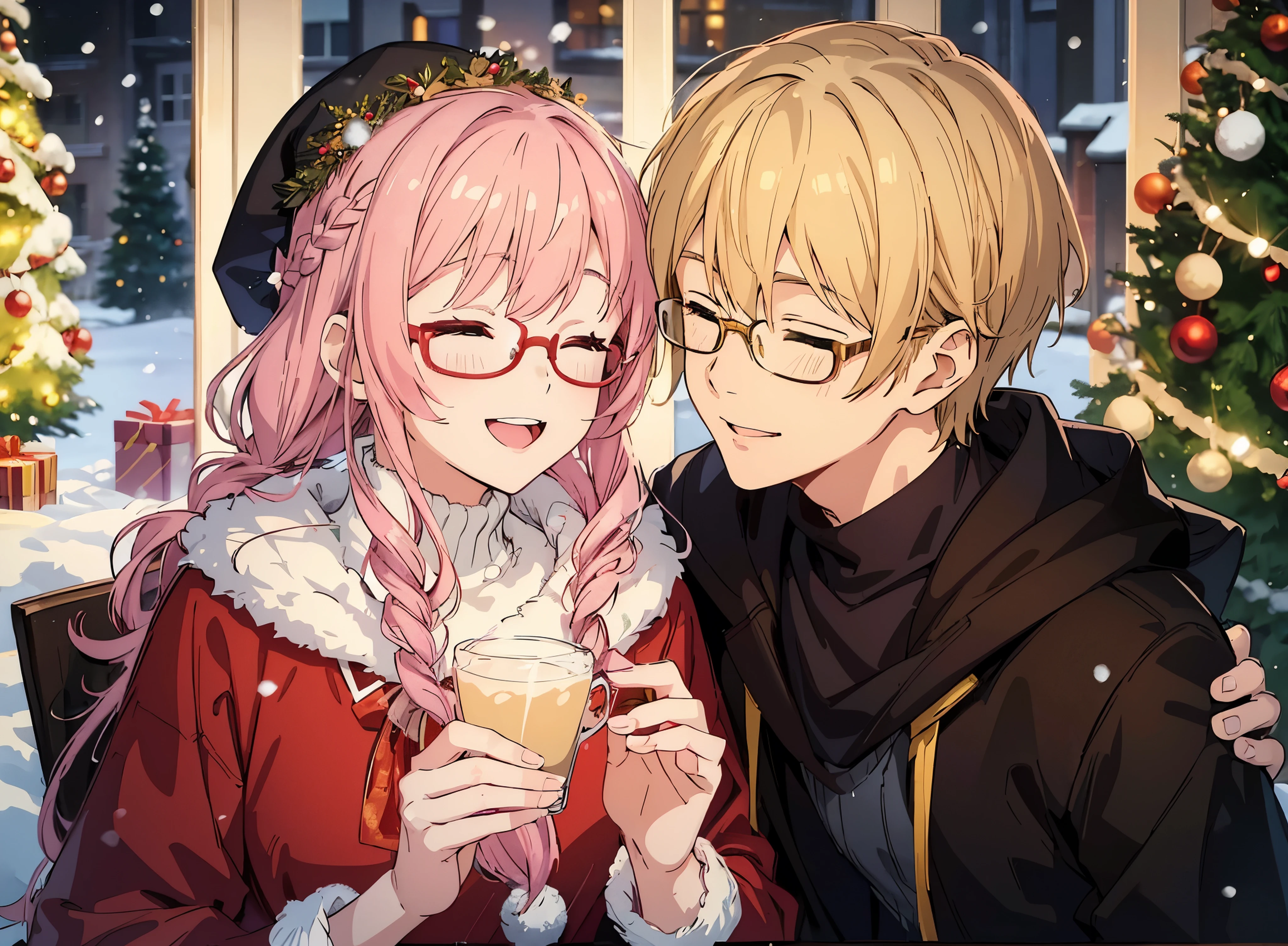 detailed romantic couple, beautiful young girl and boy, warm cozy winter scene, christmas tree, snow, fairy lights, soft lighting, pastel colors, anime art style, studio ghibli, highly detailed, 8k, photorealistic, girl blonde hair red glasses 1 braid, head down, eyes closed, happy, smiling 