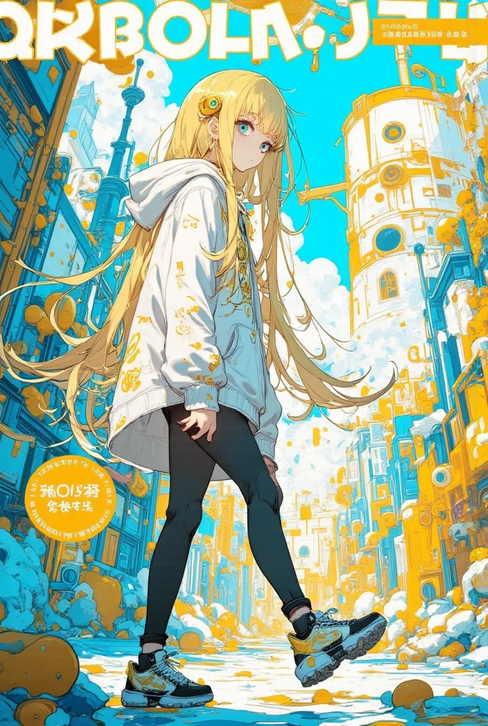 digital flyer, overlay text, caption overlayed on a character, anime style poster art, magazine top page, vector art background, 1girl, yellow hair, walking in steam punk city, smoky building there, sunny , magical city, misty, ancient structur object around,  ultra detailed animation, kawaii anime style, hoodie, bagy, bags under eyes,