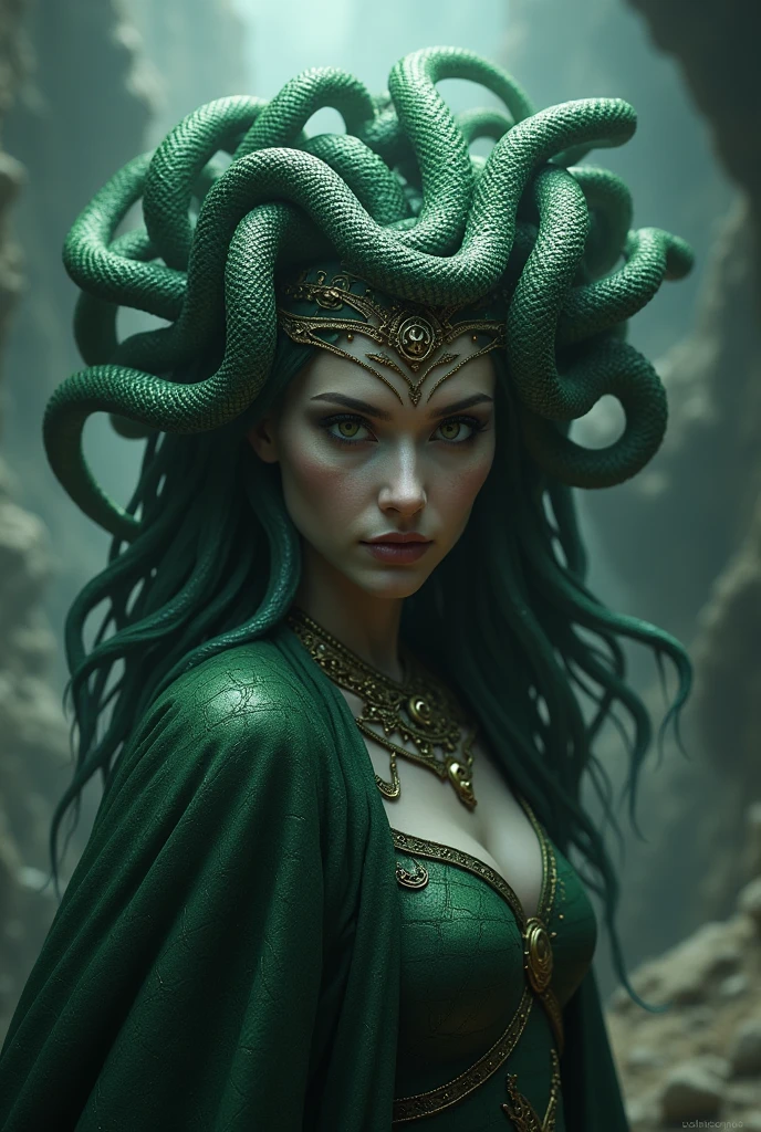 Masterpiece:1.4, Greek mythology, Big picture, Cinematic, 12) , Extremely detailed, Horror, (gorgon medusa, a perfect face, 30 years old woman, strict facial lines, natural beauty, terror, snake mixture, Spartan armor, snake tale, wear a Greek robe, snakes instead of hair, green snake hair), sitting on a stone throne of people, Greek Temple, grey mist, static scene, It's dark night, black mist, ancient temple
