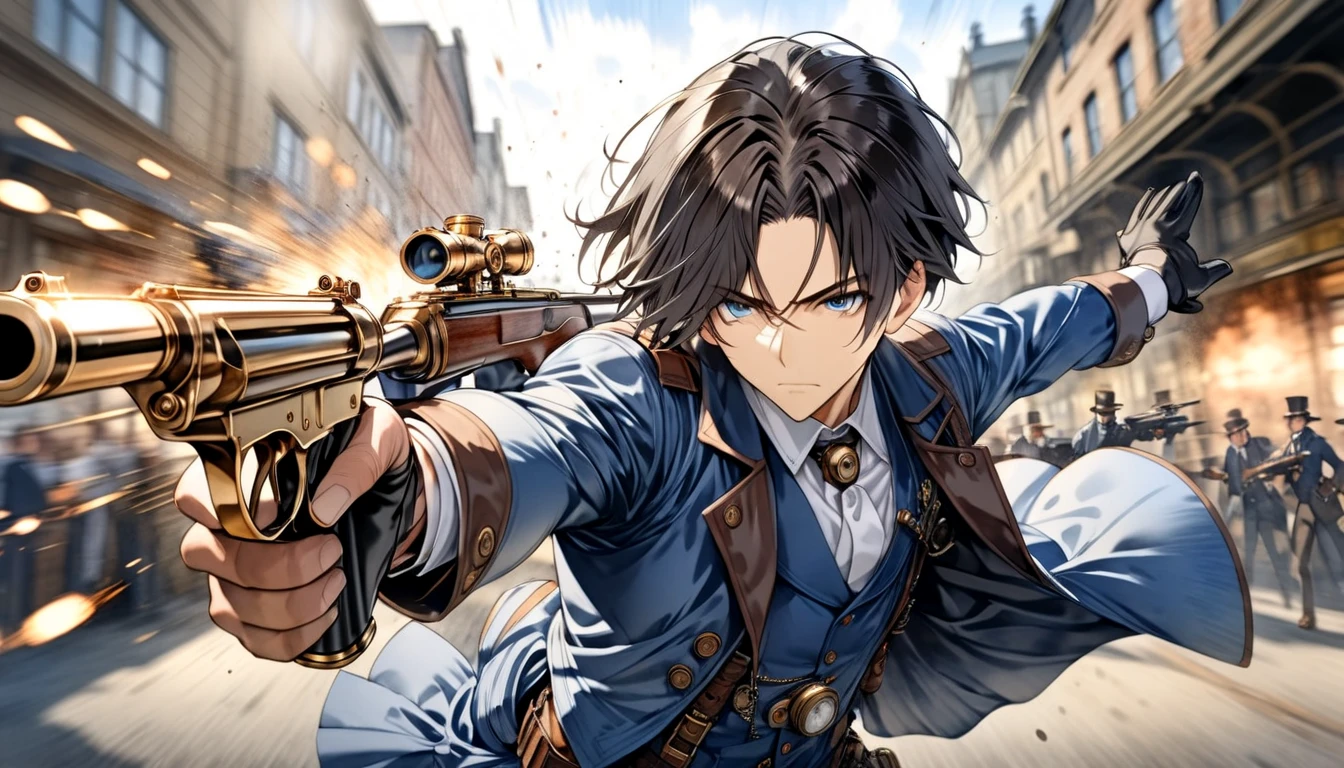  Steampunk  ,  a young gunman with dark hair in a blue costume"Asuka"and a beautiful woman in a white costume with black hair "Haruna"Buddy  , Watercolor ,  very detailed  , Precision , 4K