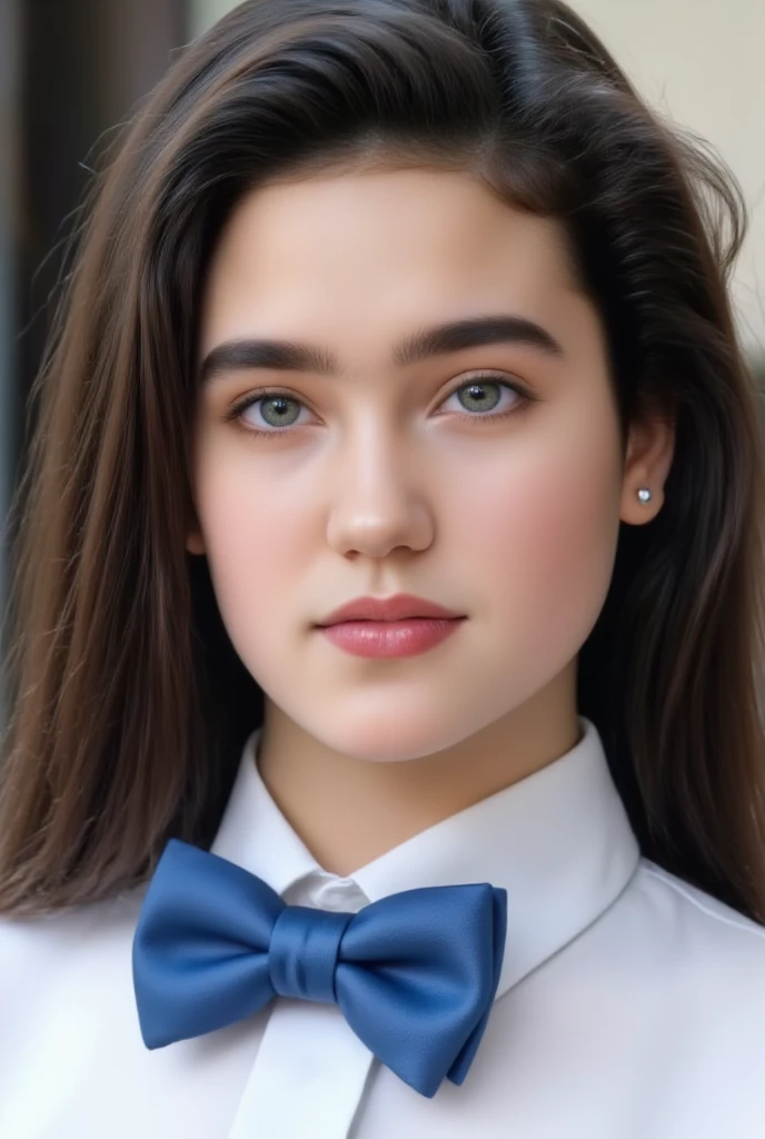 (masterpiece, best quality:1.3), 1girl, Alone, 
she wear in tidy high school uniform and immaculate shirt with blilliant blue bow tie.,
young Jennifer Connelly at age 15, 
with cute face yet with precocious female body,
no make up, flawless pale skin, 
joyful smile,
plump cheeks, 
scooped nose arched high with a turned-up tip,
plump blreasts, broad shoulders, 
shiny long dark hair fluttering,
under bright natural light illuminating on her face,
oiled shine skin,

(Browse:-2), Face correction///Put on some clothes, (Faithfully reproduce image details1.37), (１Beautiful woman), 20 years old, (Best quality calibration:1.21), 32K resolution, (Practical:1.21), (超Practical:1.21), High resolution UHD, (masterpiece:1.21), (Quality Improvement:1.21), (Very nice facial details), (Perfect Anatomy:1.21), Physically Based Rendering, Ray Tracing, (Highest quality real texture skin:1.21), (Symmetrical and detailed eyes:1.21), Delicate eyelashes_eyebrow, (Clear focus), Professional movie lighting,  Browse:-2,