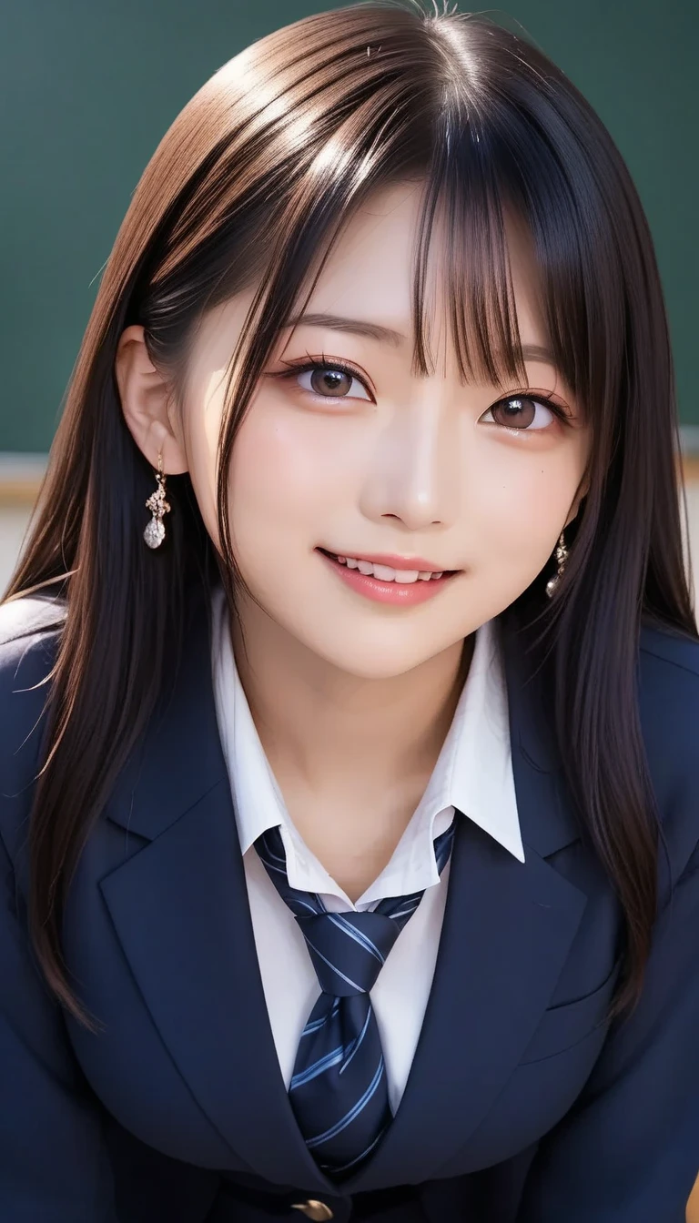 スコア_9, スコア_8_アップ, スコア_7_アップ, sアップer detailed, BREAK A breathtakingly beautiful Japanese woman with long, silky black hair, wearing a modern school uniform with a fitted blazer, short skirt, and tights. She has a radiant smile, stunning facial and eye details, and a confident yet graceful demeanor. She is posing in a classroom setting, leaning forward slightly with her hands placed behind her back, emphasizing her elegant posture. Her figure is curvaceous with a focus on her proportions, and the scene captures her in a dynamic position as she squats or does the splits. The atmosphere includes soft steam or light haze for added depth and realism. Ultra-high-definition, 32K resolution, masterpiece-level detail, Hausmo style.