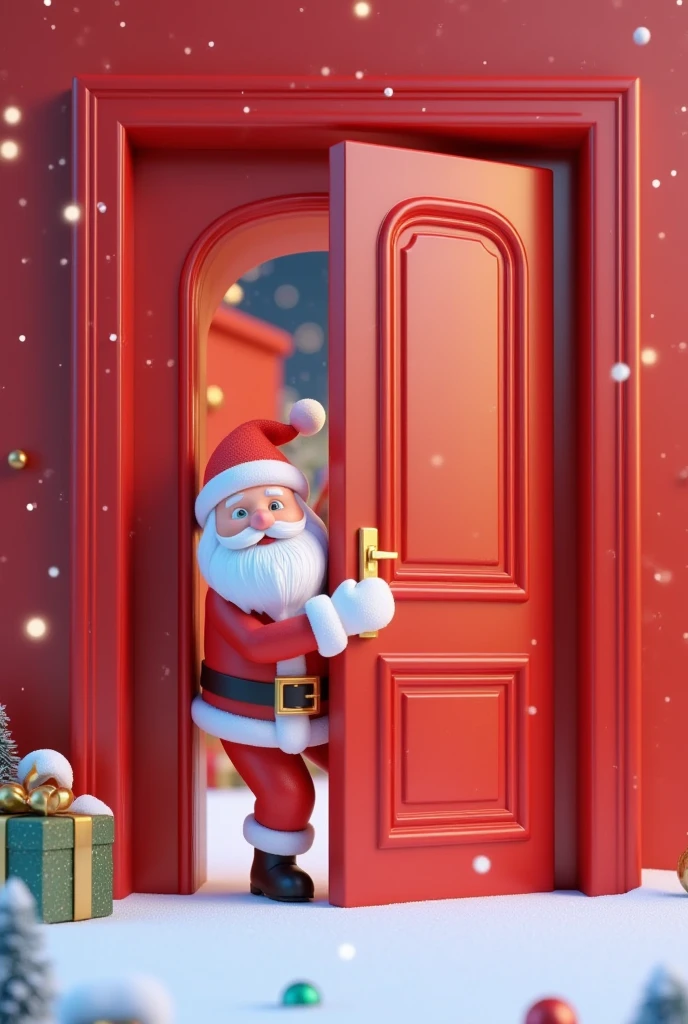 a realistic cute santa claus peeking out from behind a red door, probes behind the pure red wall, rectangular or arch shape, close up, extreme clean picture, c4d render, blender, simple characters, visually playful , playful expression, 32k uhd , minimalist style, pixar style