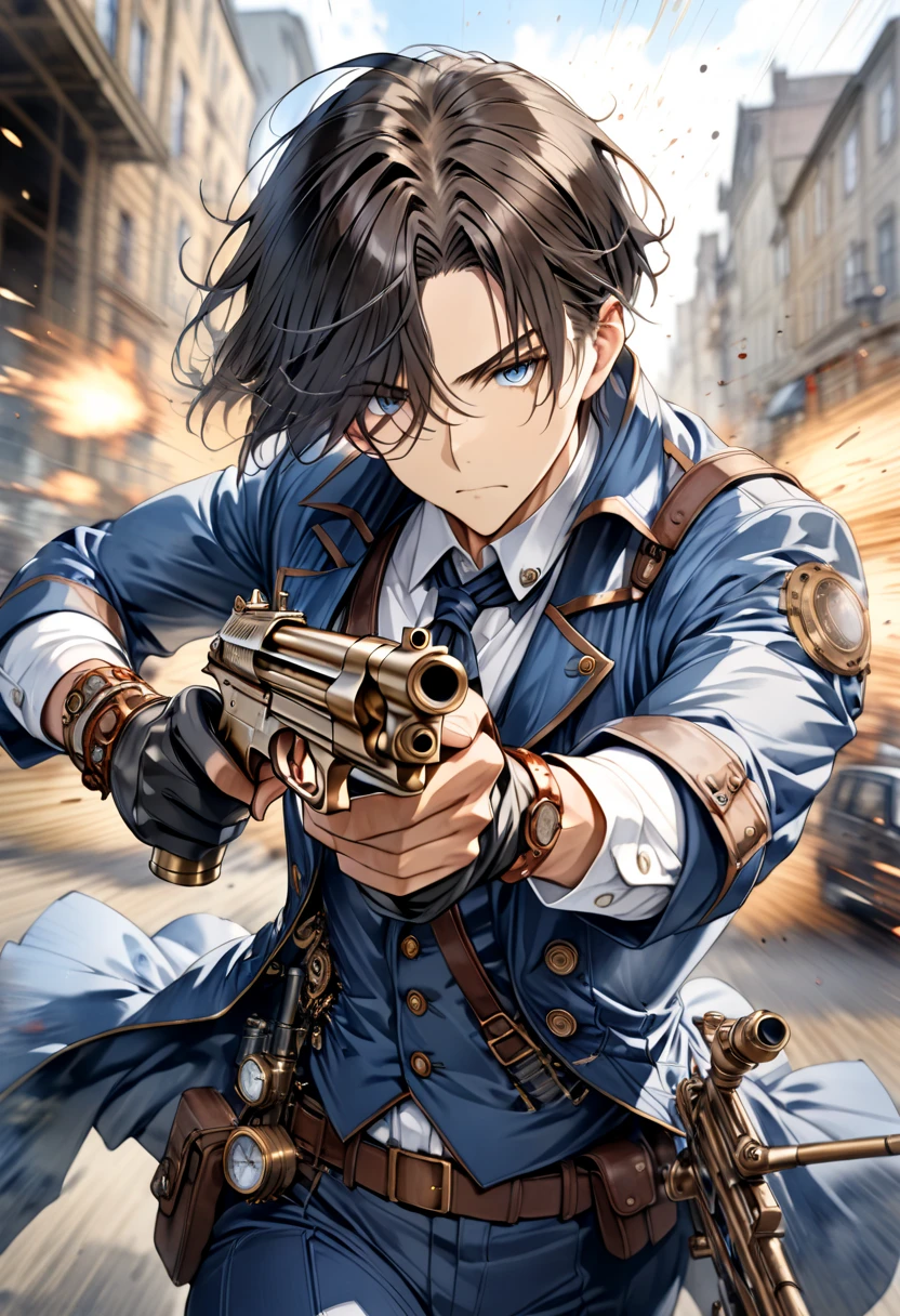  Steampunk  ,  a young gunman with dark hair in a blue costume"Asuka", he points his rifle at us with one hand(( Motion Blur:2.0 ,  Blurred Background)) , Watercolor ,  very detailed  , Precision , 4K ,gun action hero