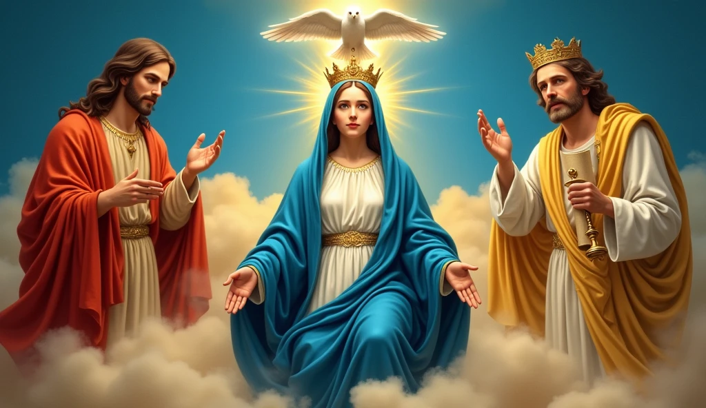 Create an image of a decoration for a Stations of the Cross that alludes to the 3rd Glorious Mystery, the Coming of the Holy Spirit. Represent the Holy Spirit as a bright white dove on the Eucharist with tongues of fire descending on the Virgin Mary and the 12 apostles. They should be kneeling and praying in a beautiful garden, all facing forward.