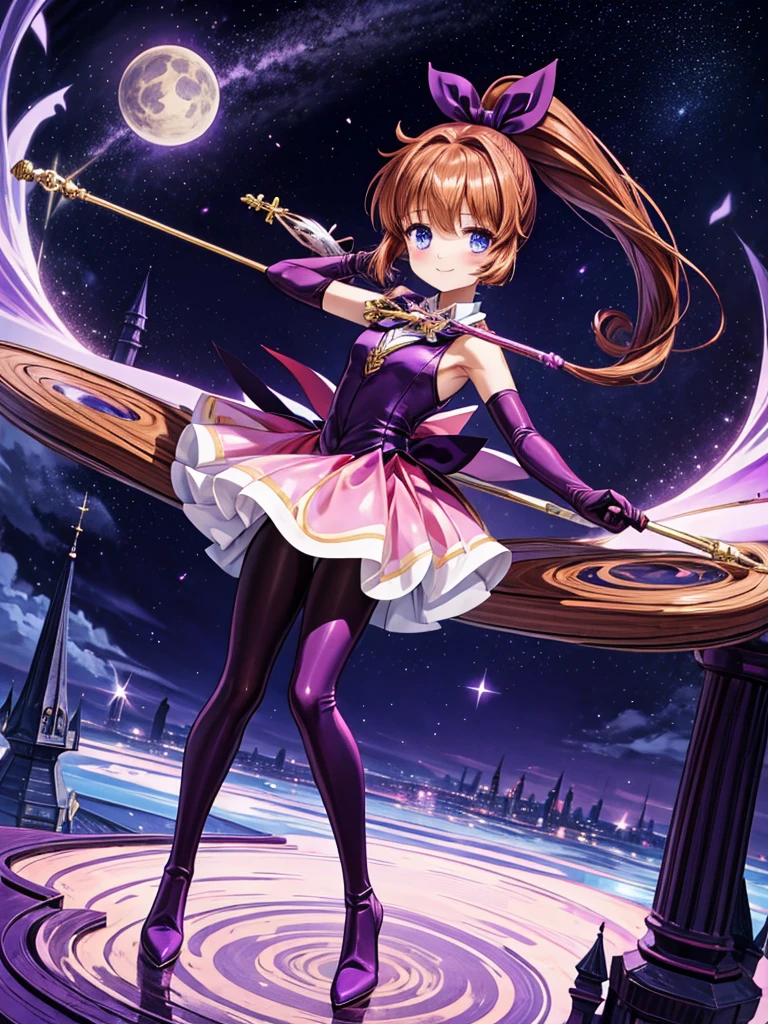 one girl, Meimi Haneoka, Saint tail, cute face, thin and tall, smile, blue eyes, brown long hair, ponytail with ribbon, magical girl, purple and pink sleeveless dress, purple elbow gloves, purple gloves, purple pantyhose, purple thigh boots, magical stick, full body shot, rooftop scenery, night view