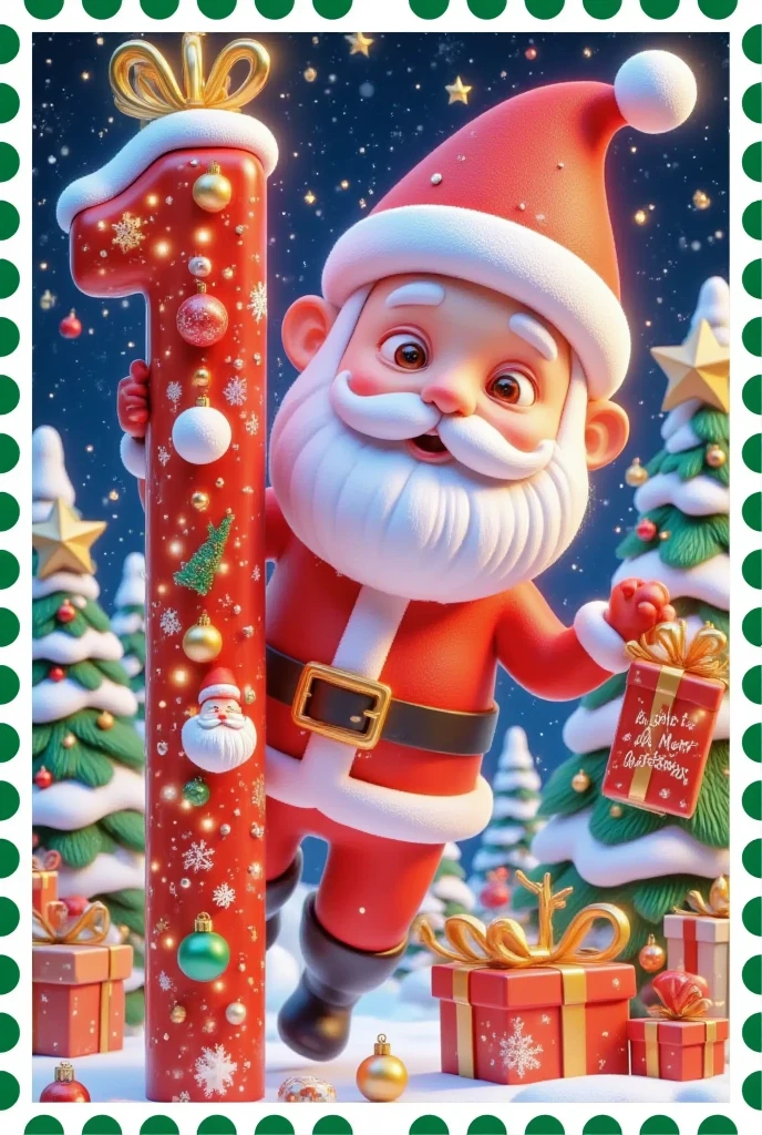 A cute Santa Claus in a red suit runs along the green Christmas tree. Next to it is an open gift box with "Wish you A Merry Christmas!". The background features a light red and dark green color gradient, with a simple and clean design. This is a 3D rendering in a cute cartoon style.