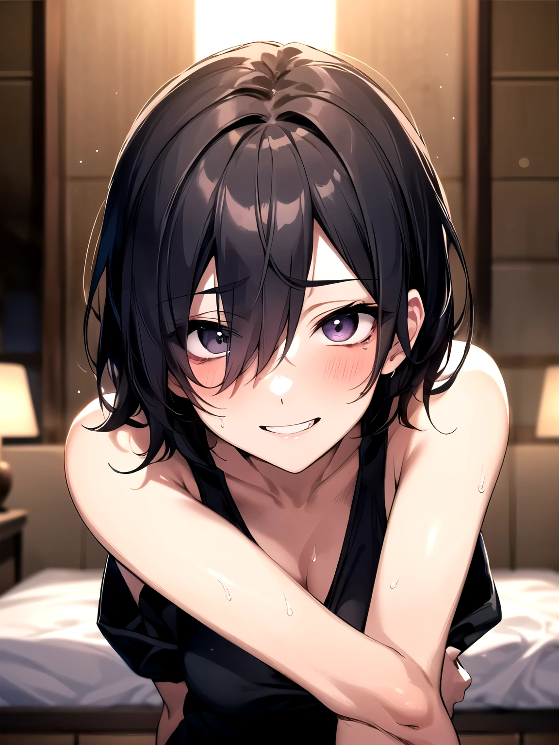 anime screencap, 1 girl, solo, smile, short hair, black hair, purple eyes, hair between eyes, bare shoulders, bare neck, standing, black dress, strapless tube dress, smile, bare arms, bare shoulders, hair between eyes, lovely legs, facing viewer, bracelets, looking at viewer, lying in bed, bed sheet, frilled pillow, frills, heart pillow, pinup,