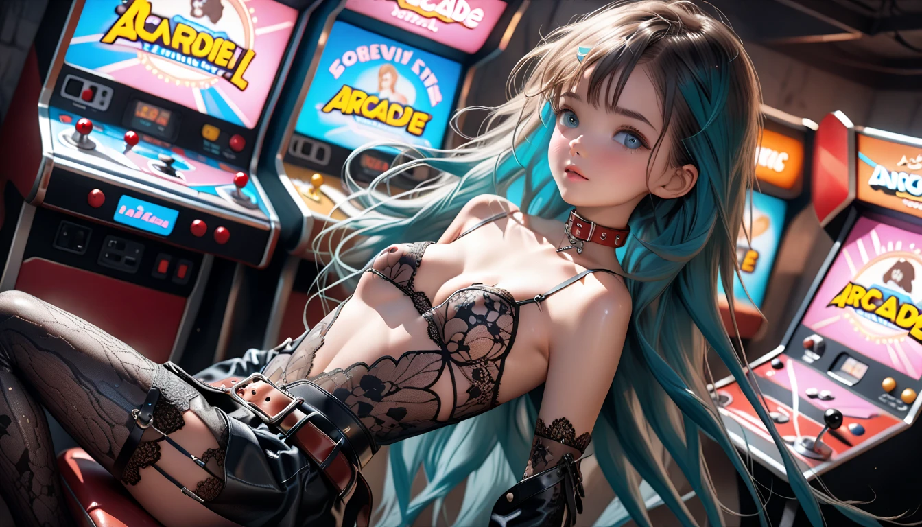 hyper detailed, intricate details, detailed skin, [rear shot], full view, dynamic angle, focus on her butt, NSFW, 1 girl, view back, a four legged, very long hair, fluttering in the wind, [big realistic teal eyes], [innocent expression], small face, [angelic and ethereal appearance], [surrounded by a warm and cozy atmosphere], [soft light coming in from a nearby window], stockings. ((very beautiful, incredible beauty, cutest)), small breasts, ((flat chest)), small butt, (((intricate lace lingerie bodysuit, with cut-outs, collar, garters, ribbons, belt, exposed breasts) )), shiny skin, ultra detailed face, perfect, beautiful body, japanese arcade, arcade machine, chair, interior, sign (object), neon light signs,