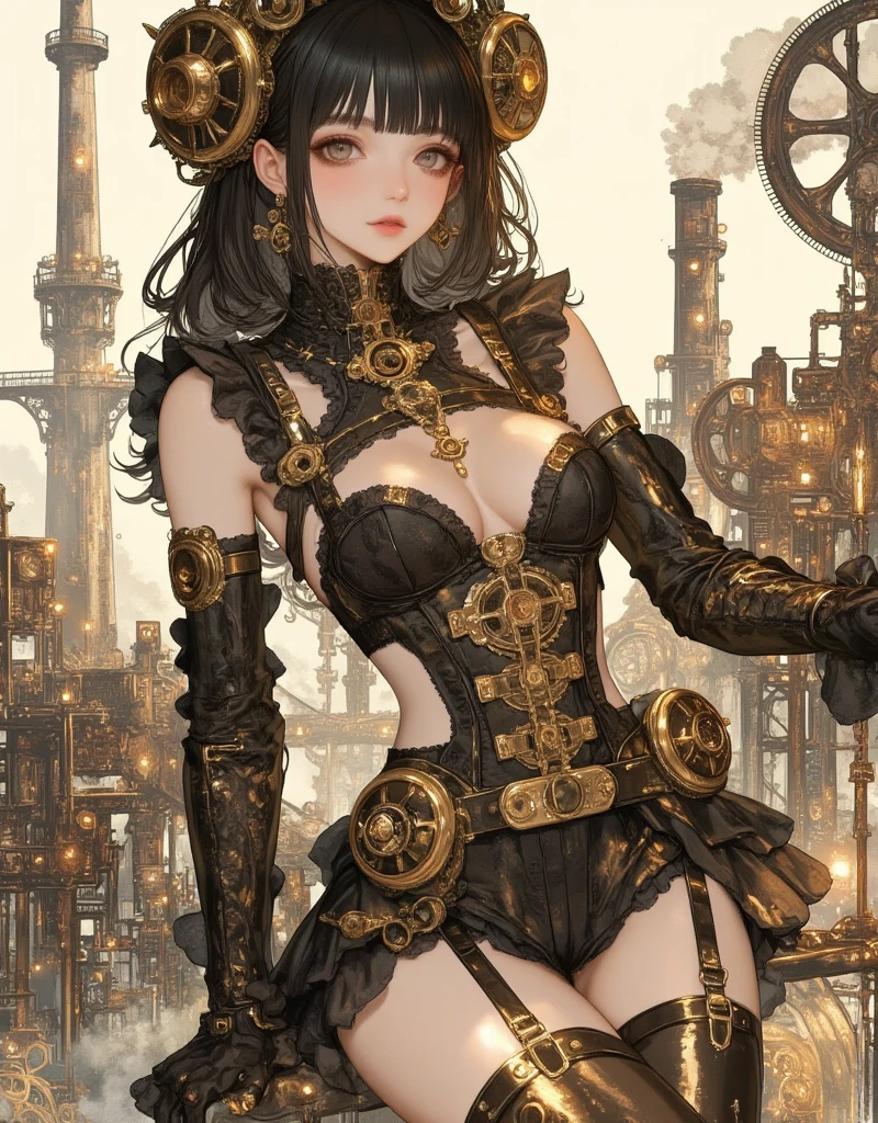 (cowboy shot, top quality,),8k, flat color: 0.8, dynamic angle, 1 girl, smile,slender body,(highly decorative and intricate mechanical steampunk fashion, lace flare dolphin hat, goggles 1.5, mechanical background, cogwheel background, finely mechanized steampunk cityscape 1.5),