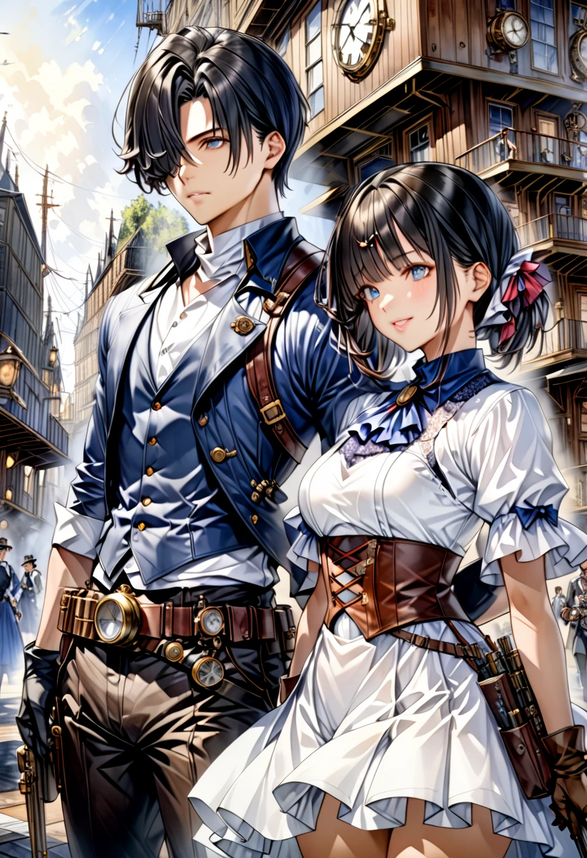  Steampunk  ,  a young gunman with dark hair in a blue costume"Asuka"and a beautiful woman in a white costume with black hair "Haruna"Buddy  , Watercolor ,  very detailed  , Precision , 4K