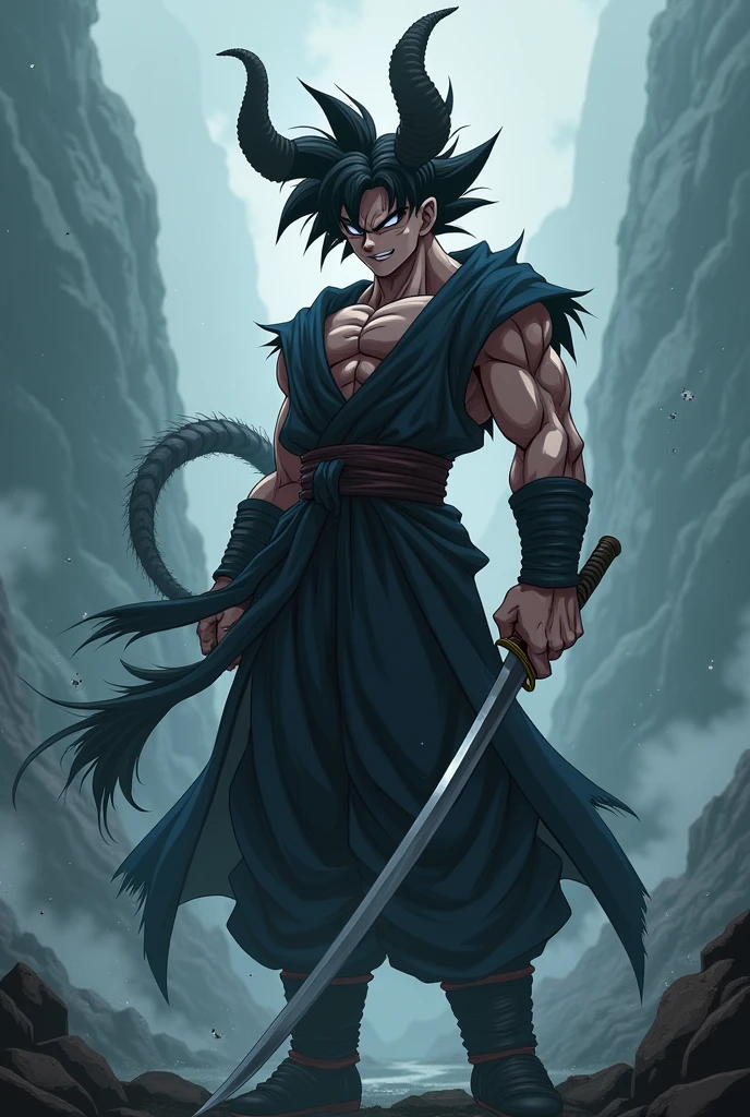 Goku black holding a sword, wearing no shirt, with a tattoo on his left arm and a gold chain around his neck