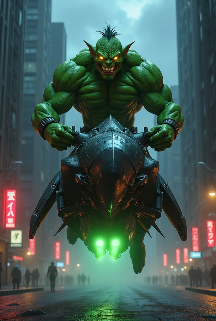 Hulk with two mecha metal arms, rising head, muscular body, riding a big motorbike with high speed, superhero vibe, one metal robot red eye and one yellow eye, glowing eyes, industrial city background, blur Background, bokeh, dramatic lighting, high contrast 