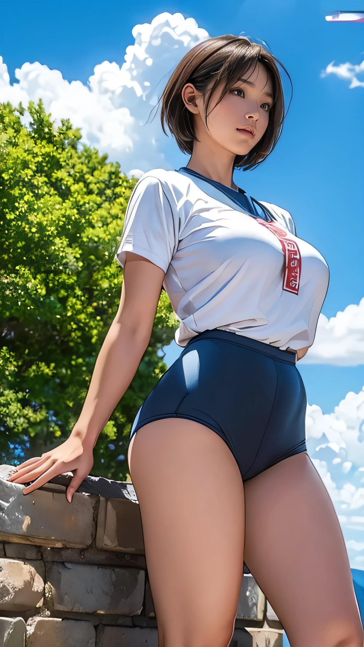 ((Ultra-high resolution photos)), (highest quality:1.2), (Perfect Beautiful Face 1.2), (Perfect and beautiful posture:1.2), (A Japanese Cute girl), (round face:1.2), (Heavyweight athletes:1.5), (cute face), Short woman, ((Big and ample breasts:1.2)), ((Big Ass)), Slim Muscular body, ((Brown Short Bob Hair:1.2)), Sharp eyes, Looking into the camera, (((sportswear:1.2))), ((Small Head:1.5)), (dojo: 1.3), booty pose, looking back, joyful laugh,