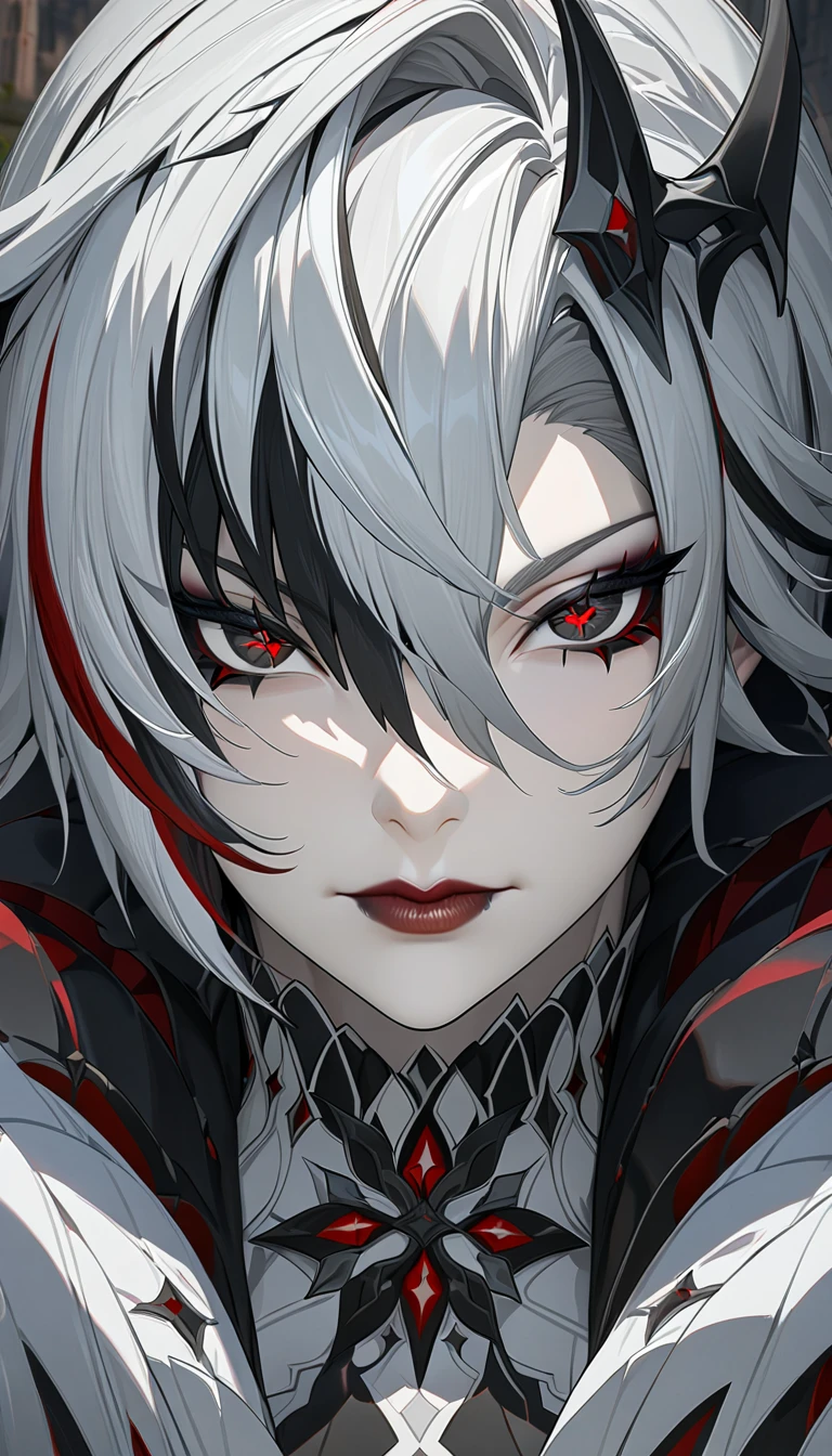 Adult woman, short gray hair, spike hair, red eyes, black eyeshadow, detailed lips, white aristocrat jacket, black tigh pants, large breasts, muscles, claws, castle, Arlechino from Genshin Impact, Masterpiece, best quality, Full HD, 8k, ultra details, great graphic, face focus, face shot, head shot, ((close-up))