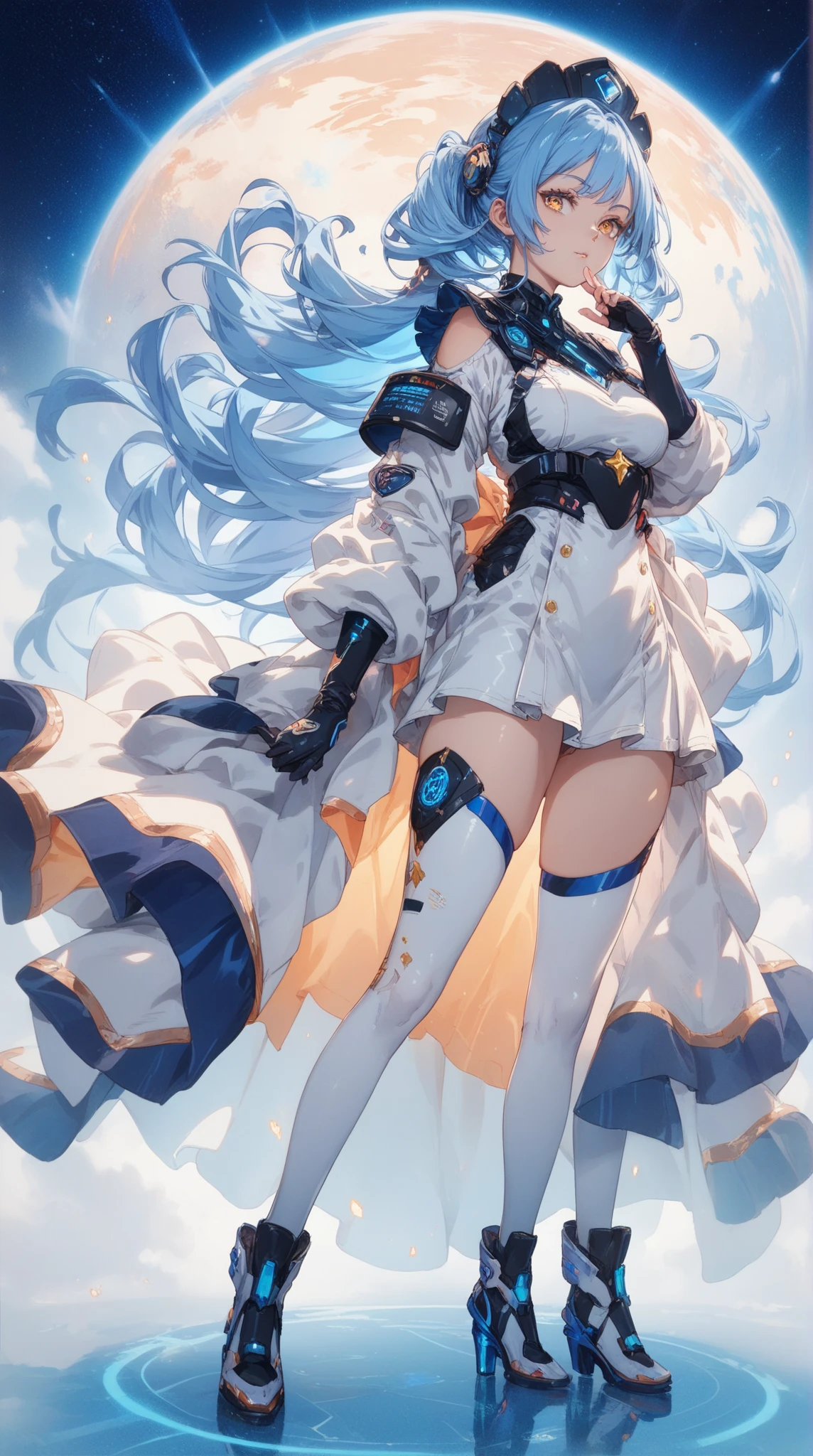 Alan Davis, Fanny Cory, Surreal, mysterious, strange, fantastical, fantasy, Sci-fi, Japanese anime, moonlight extraction device. The collected moonlight becomes liquid light in a glass bottle, A beautiful girl in a miniskirt operates the device, Perfect voluminous body, detailed masterpiece