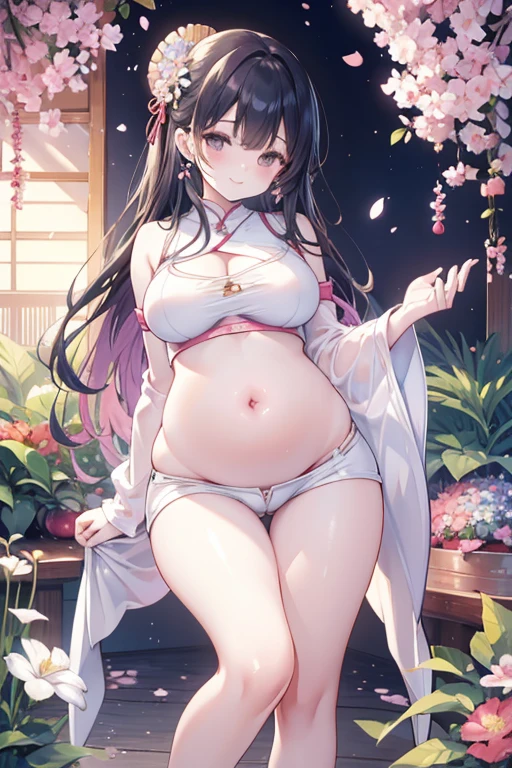 best quality, masterpiece, illustration, (realistic, photo-realistic:1.37), amazing, finely detail, incredibly absurdres, huge filesize, ultra-detailed, highres, extremely detailed CG unity 8k wallpaper, ray tracing, nsfw, nude, covered nipples, very huge breasts 1girl, A beautiful young woman with Korean-style facial features resembling a popular actress stands in front of a cherry blossom tree. She is wearing a cropped white shirt that reveals her midriff. The shirt is skin-tight and hugs her curves. She is also wearing a white bodystocking high yoga tight yoga pants that covers her legs and feet. The bodystocking is also skin-tight .