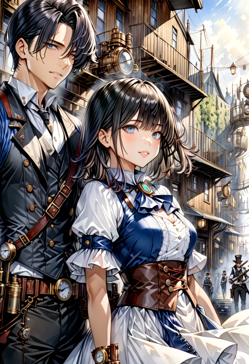  Steampunk  ,  a young gunman with dark hair in a blue costume"Asuka"and a beautiful woman in a white costume with black hair "Haruna"Buddy  , Watercolor ,  very detailed  , Precision , 4K