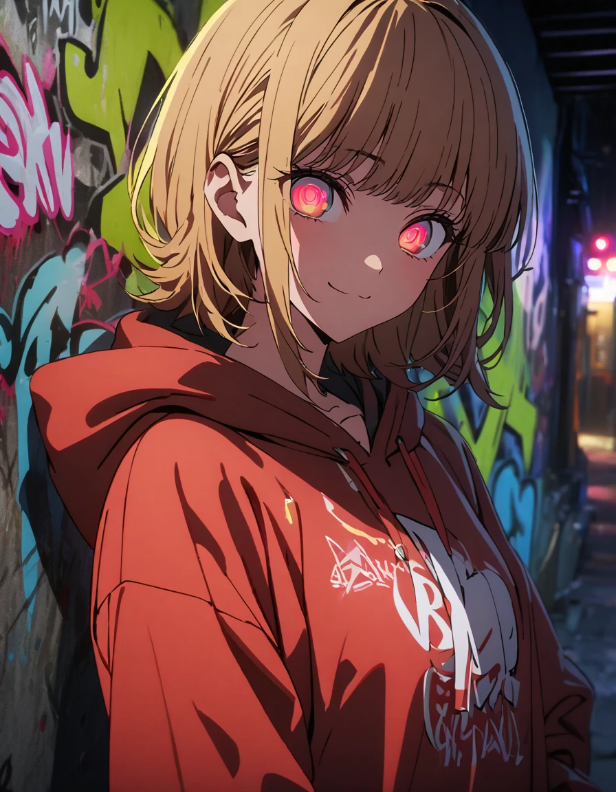 masterpiece,  top quality, 8k, Detailed Background , masterpiece,  top quality, smile,  ornament,  hoodie, Portraiture, Neon Red, graffiti, dark, night, Shining Eyes,  black light ,MEMcho