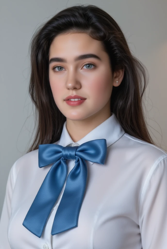 (masterpiece, best quality:1.3), 1girl, Alone, 
she wear in tidy high school uniform and immaculate shirt with blilliant blue bow tie.,
young Jennifer Connelly at age 21, 
with cute face yet with precocious female body,
no make up, flawless pale skin, 
joyful smile,
plump cheeks, 
scooped nose arched high with a turned-up tip,
plump blreasts, broad shoulders, 
wet long dark hair,
under bright natural light illuminating on her face,
oiled shine skin,
she might be naked., 

(Browse:-2), Face correction///Put on some clothes, (Faithfully reproduce image details1.37), (１Beautiful woman), 20 years old, (Best quality calibration:1.21), 32K resolution, (Practical:1.21), (超Practical:1.21), High resolution UHD, (masterpiece:1.21), (Quality Improvement:1.21), (Very nice facial details), (Perfect Anatomy:1.21), Physically Based Rendering, Ray Tracing, (Highest quality real texture skin:1.21), (Symmetrical and detailed eyes:1.21), Delicate eyelashes_eyebrow, (Clear focus), Professional movie lighting,  Browse:-2,