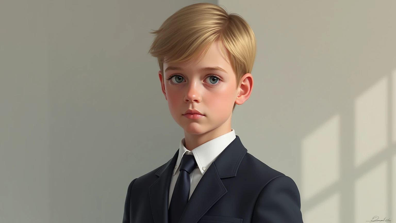 Semi realistic 1 boy in profile, light brown hair grey eyes with black suit