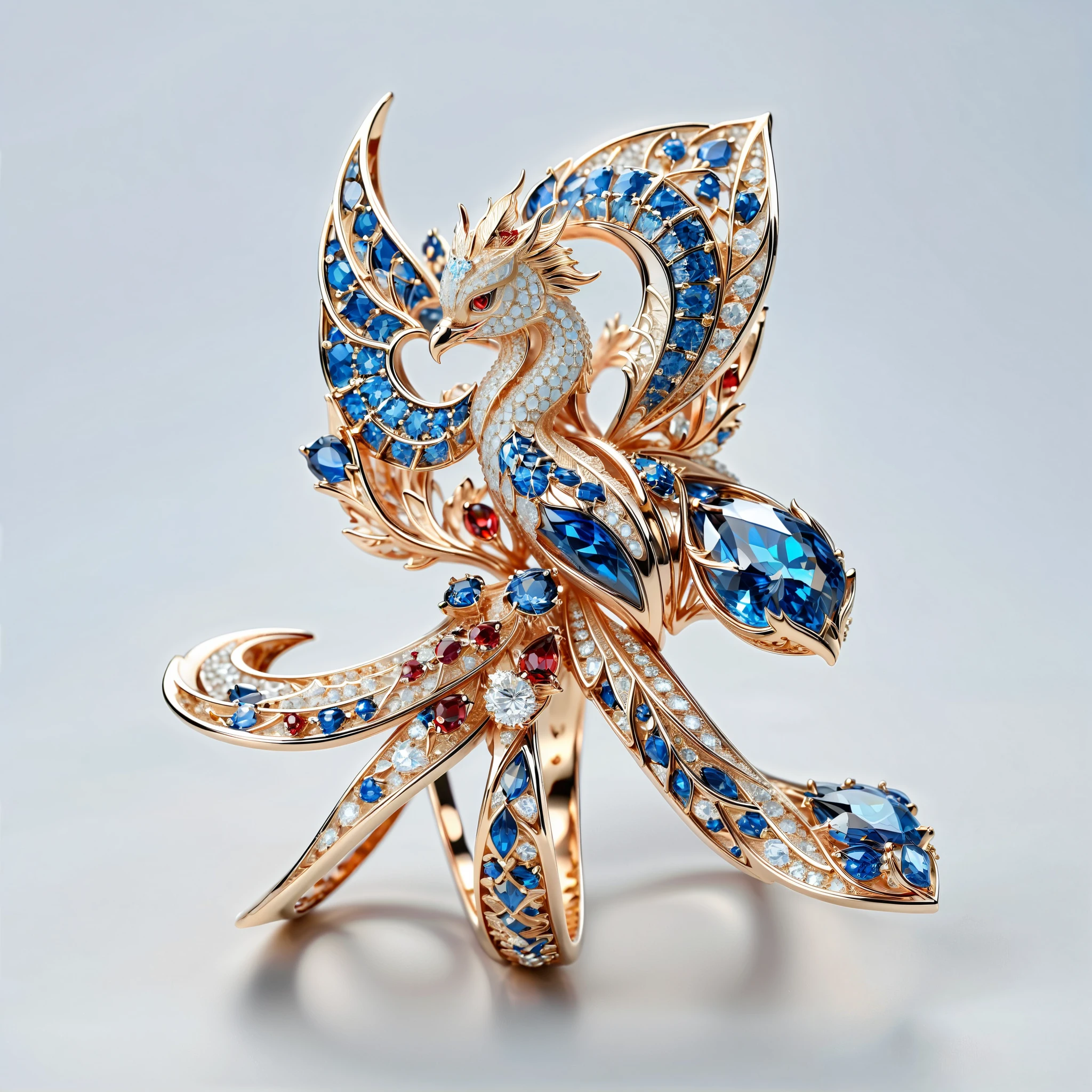 masterpiece, top quality,( Nothing but the ring ),(no one),With a phoenix, starry sky , exquisite,戒指中的 starry sky ,luster,Invert image,Sparkling red, white, and blue gemstones,Elegant and noble, The magical pattern on it emits a Tyndall effect light, It shines in a noble blue glow , The golden red tone is full of dark style patterns , Simple background ,(( white background ))