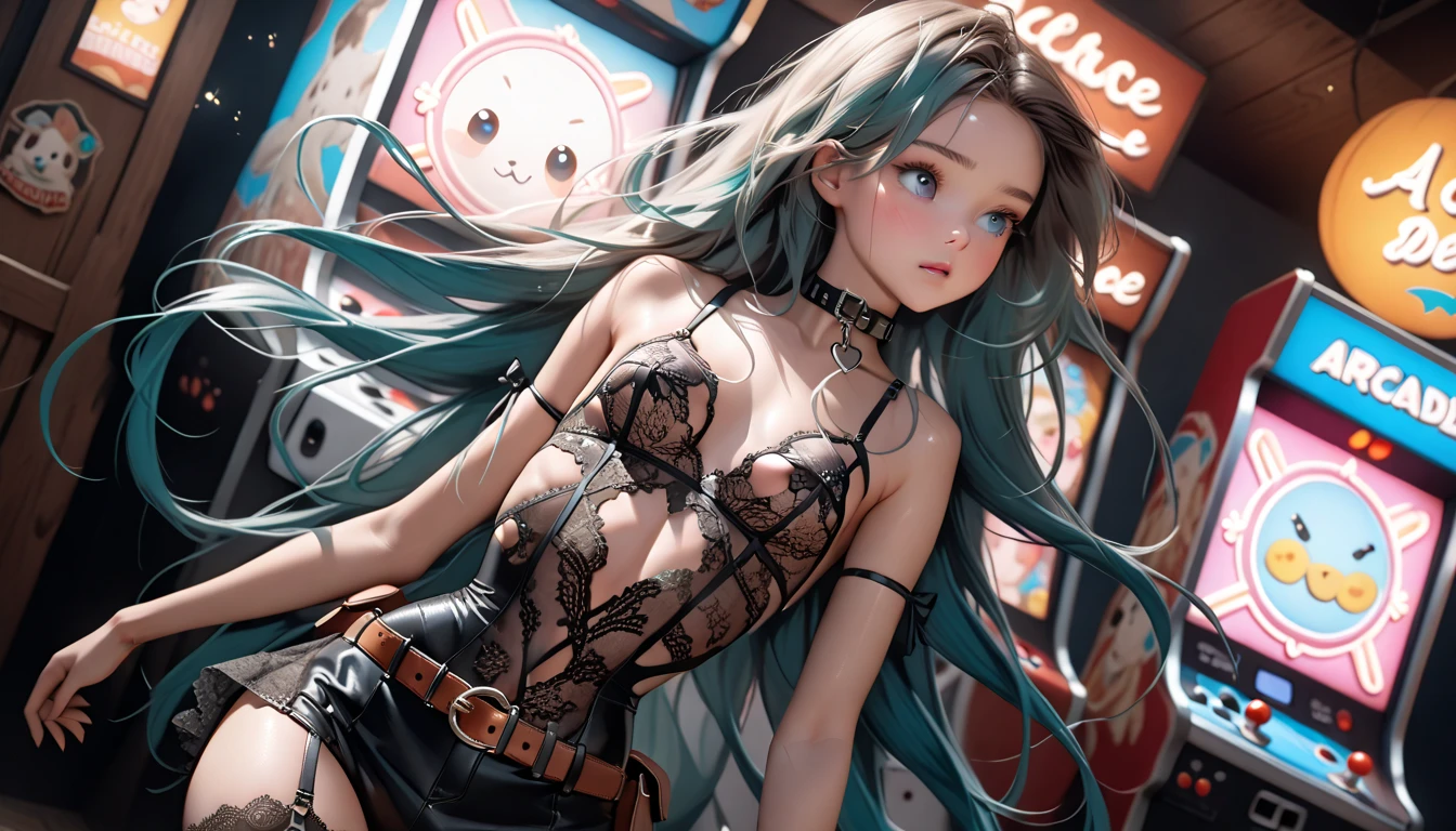 hyper detailed, intricate details, detailed skin, [rear shot], american shot, dynamic angle, focus on her butt, NSFW, 1 girl, view back, a four legged, very long hair, fluttering in the wind, [big realistic teal eyes], [innocent expression], small face, [angelic and ethereal appearance], [surrounded by a warm and cozy atmosphere], [soft light coming in from a nearby window], stockings. ((very beautiful, incredible beauty, cutest)), small breasts, ((flat chest)), small butt, (((intricate lace lingerie bodysuit, with cut-outs, collar, garters, ribbons, belt, exposed breasts) )), shiny skin, ultra detailed face, perfect, beautiful body, japanese arcade, arcade machine, chair, interior, sign (object), neon light signs,