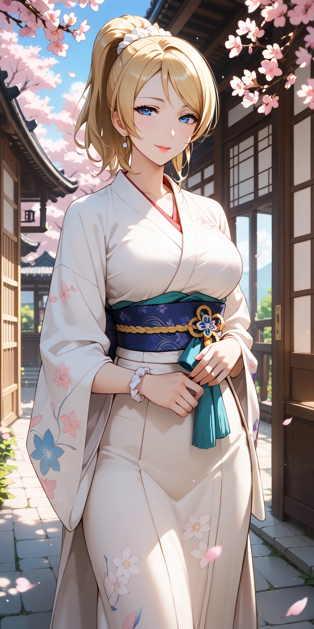 Score_9, Score_8_up, Score_7_up, Source_anime, anime art, anime style, very aesthetic, masterpiece, high quality, 1girl, seductive mature woman, milf, curvaceous, lovelive_eli, kimono, blonde hair, swept bangs, ponytail, white scrunchie, blue eyes, cherry blossom