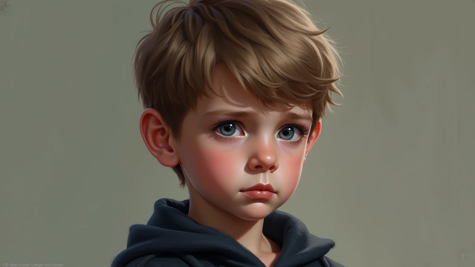 Portrait of a cute boy, 5-6 years old, ashy gray hair, short haircut, large dark green eyes, plump bow lips, dark blue t-shirt, brown shorts, realism, watercolor, 4K, High detail