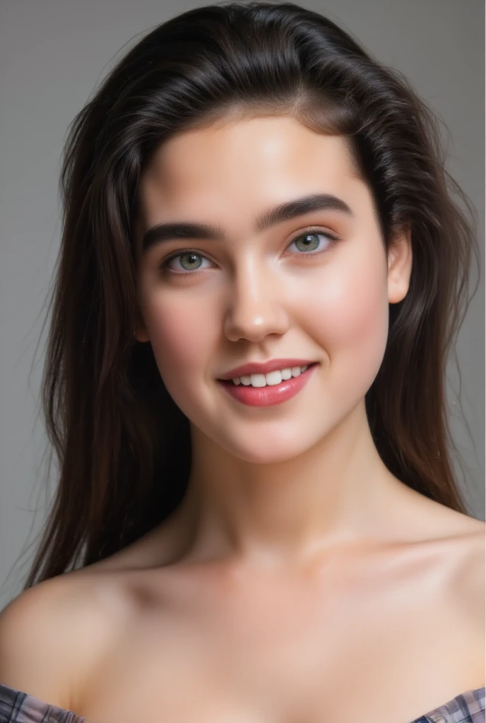 (masterpiece, best quality:1.3), 1girl, Alone, 
she might be naked., 
young Jennifer Connelly at age 21, 
with cute face yet with precocious female body,
no make up, flawless pale skin, 
joyful smile,
plump cheeks, 
scooped nose arched high with a turned-up tip,
plump blreasts, cleavage, broad shoulders, 
wet long dark hair,
under bright natural light illuminating on her face,
oiled shine skin,

(Browse:-2), Face correction///Put on some clothes, (Faithfully reproduce image details1.37), (１Beautiful woman), 20 years old, (Best quality calibration:1.21), 32K resolution, (Practical:1.21), (超Practical:1.21), High resolution UHD, (masterpiece:1.21), (Quality Improvement:1.21), (Very nice facial details), (Perfect Anatomy:1.21), Physically Based Rendering, Ray Tracing, (Highest quality real texture skin:1.21), (Symmetrical and detailed eyes:1.21), Delicate eyelashes_eyebrow, (Clear focus), Professional movie lighting,  Browse:-2,