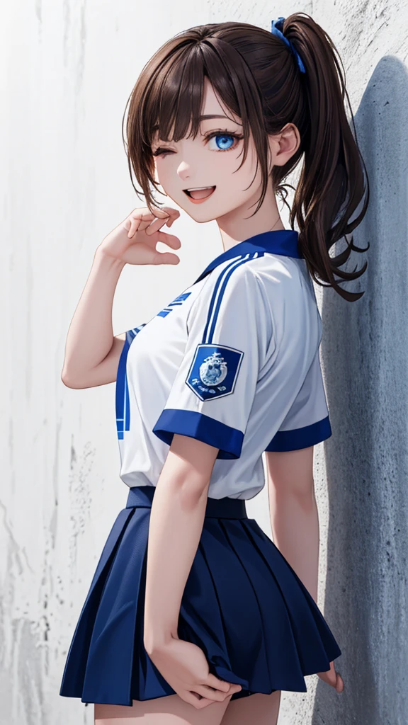 (masterpiece:1.2, top-quality), (realistic, photorealistic:1.4), beautiful illustration, (natural side lighting, movie lighting), nsfw, 
looking at viewer, 1 girl, japanese, high school girl, perfect face, cute and symmetrical face, shiny skin, 
(middle hair:1.5, side ponytail:1.2, light brown hair), hair between eyes, gold eyes, big eyes, long eye lasher, (medium breasts, thick thighs), slender, 
beautiful detailed hair, beautiful detailed face, beautiful detailed eyes, beautiful clavicle, beautiful body, beautiful chest, beautiful thigh, beautiful legs, beautiful fingers, 
(gym uniform, blue buruma), 
(beautiful scenery), evening, (school grounds), sitting, (lovely smile, upper eyes, parted lips),