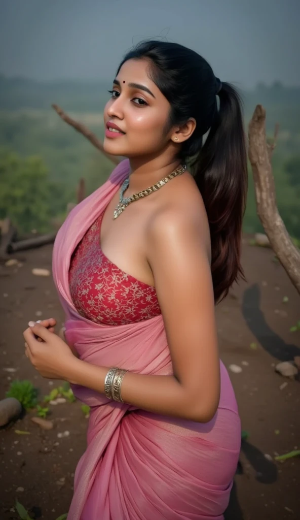 Back and side view, extreme long shot photo of sexy indian, look at viewer and subtle smile, curvy athletic figure, open arms, sexy armpits, sweating, doing push ups in fog, ponytail, necklace, pink see through lace bra, saree, glossy lips, (cinematic:1.3), intricate details, (ArtStation:1.2)Ponytail, Ponytail, Ponytail, 