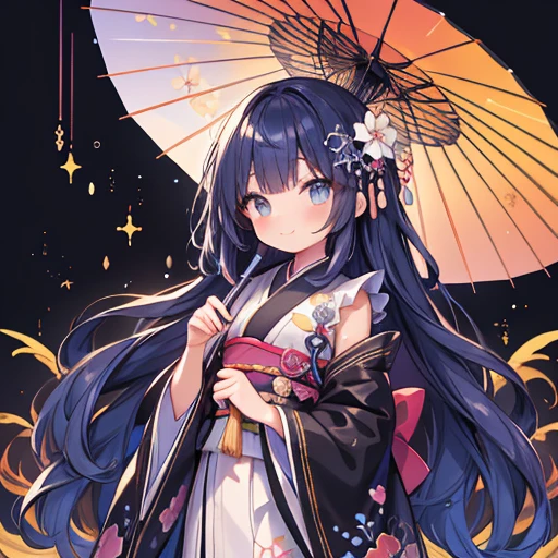 1boy, (dark blue hair:1.2), long hair, straight hair, hair between eyes, light frown, (purple lips:1.2), hair ornament, barefoot, japanese clothes, long sleeves, flower, hydrangea, oil paper umbrella, sayagata, male focus, off shoulder, kimono, blindfold, (black blindfold:1.3), chibi,  <lora:last:1>