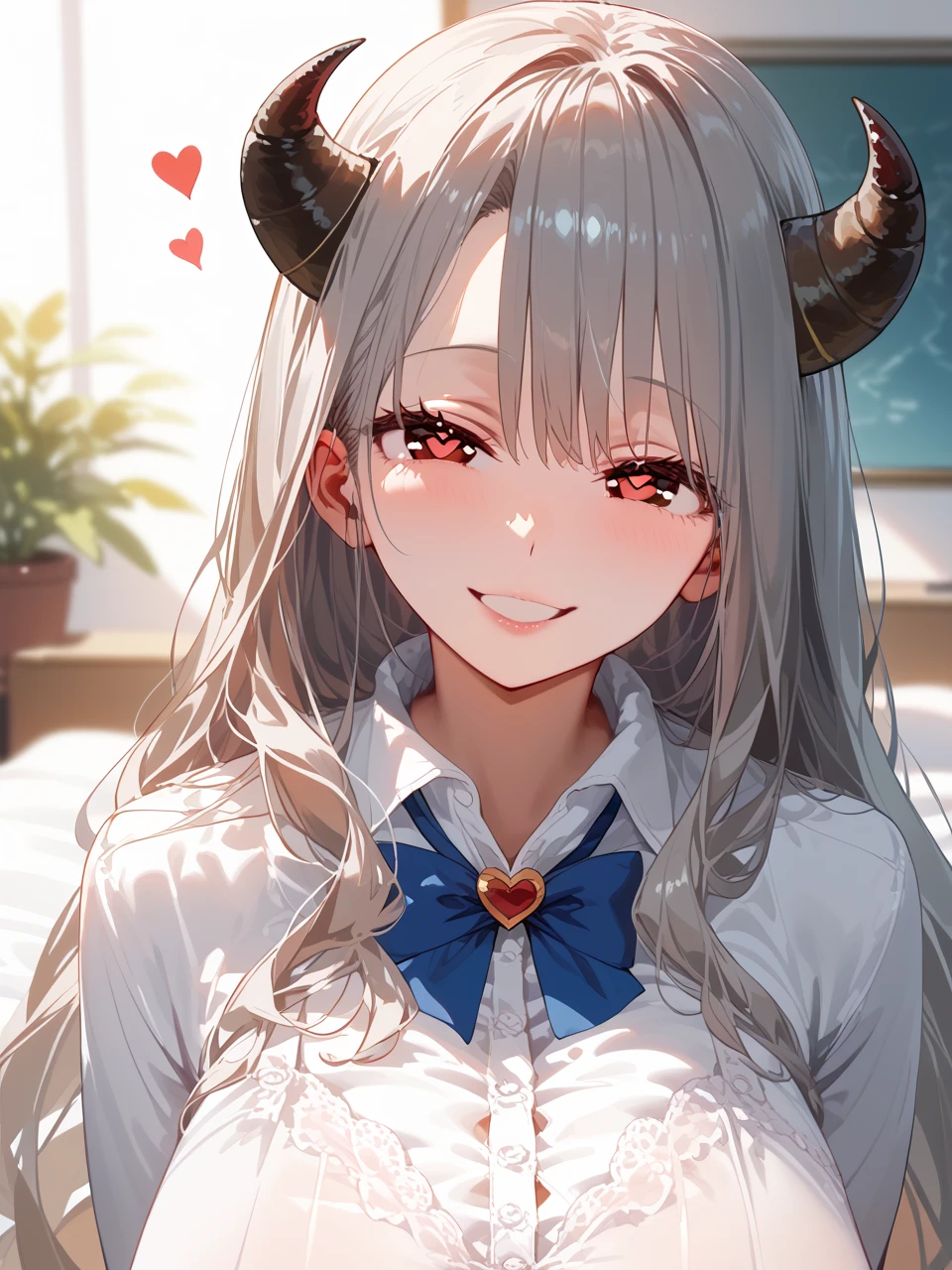         top quality,         top quality,      high quality pictures       ,     Masterpiece  ,          Ultra high resolution   ,         Detailed Background  ,         absurd,       Perfect Anatomy     ,         performance deep into the vagina   ,  good lighting ,      Photo Gallery    ,        1 mature girl,、Eli、 long hair、 red eyes、Gray Hair、horn、 s、片horn、

 shirt、 Long Sleeve 、 dress、白い shirt、襟付き shirt、赤い dress、プリーツ dress、 huge breasts、 seductive smile, Hearts in eyes,  posing
