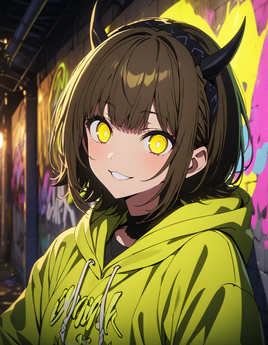 masterpiece,  top quality, 8k, Detailed Background , masterpiece,  top quality, smile,  ornament,  hoodie, Portraiture,  neon yellow, graffiti, dark, night, Shining Eyes,  black light ,MEMcho,Horned headband