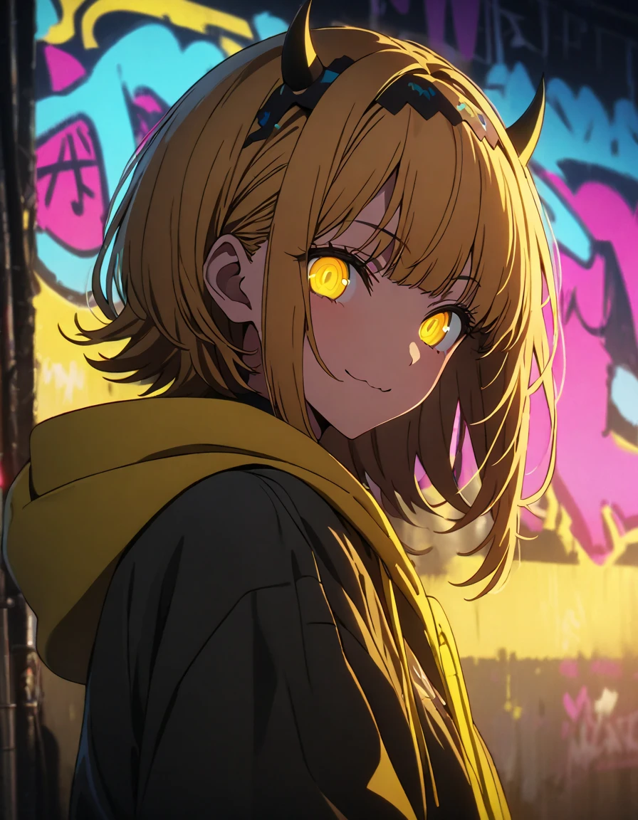 masterpiece,  top quality, 8k, Detailed Background , masterpiece,  top quality, smile,  ornament,  hoodie, Portraiture,  neon yellow, graffiti, dark, night, Shining Eyes,  black light ,MEMcho,Horned headband