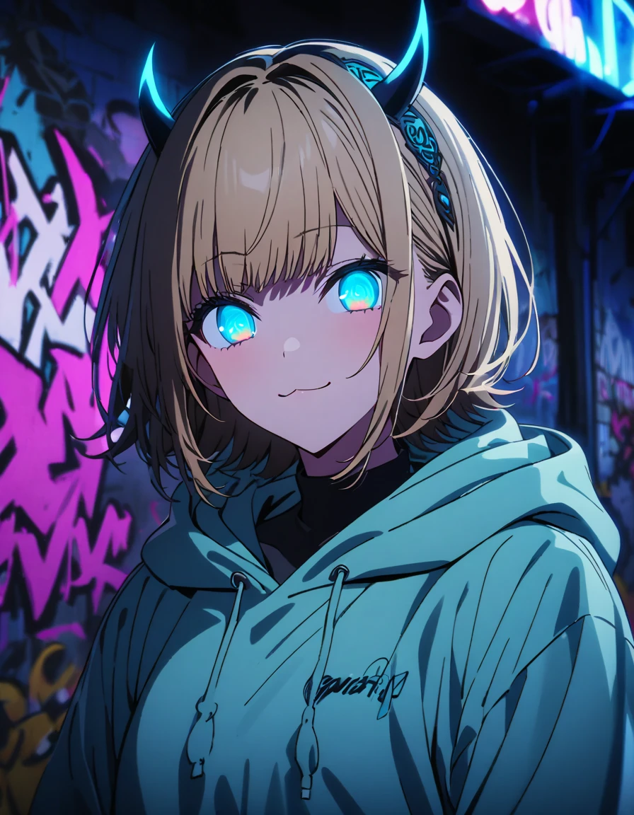 masterpiece,  top quality, 8k, Detailed Background , masterpiece,  top quality, smile,  ornament,  hoodie, Portraiture,  neon blue, graffiti, dark, night, Shining Eyes,  black light ,MEMcho,Horned headband