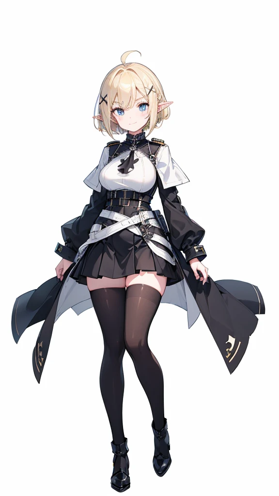 masterpiece,  top quality,(( 1 elf woman, slender ,Tall,adult, upright position, full body image )),Droopy eyes,Perfect dark blue eyes , (( blonde short hair)),ahoge,(((A thick X shaped hairpin is attached to the bangs))),((Big Breasts)), black knee-high boots ,((black luxury tights,black gothic skirt,black long sleeve gothic military uniform)),((((Solid white background)))),thin arched eyebrows, white skin,smile,  I don't have anything in my hands ,One hand on hip,Diagonal front view,Gun belt on waist