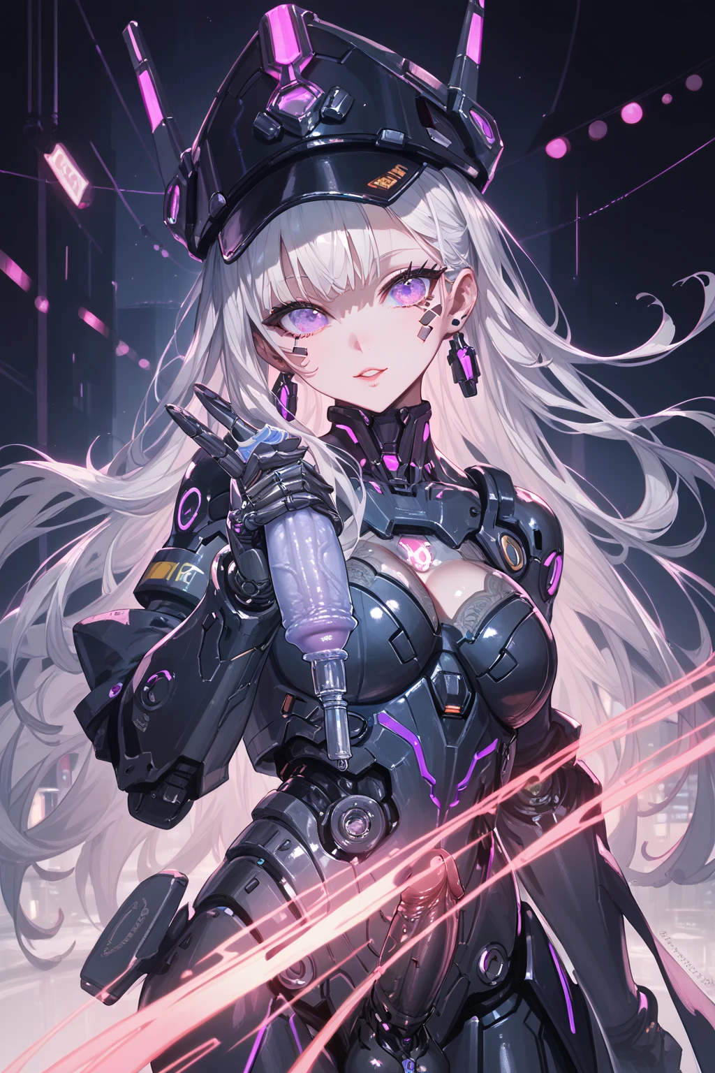 1 Girl, Solo, Colorful, purple Eyes, Cyberpunk, Mechanical Scrap Zone, Cityscape, Earrings, Long Messy White Hair, Mechanical Hat, Mechanical Body, Robotic Arm, Mecha, Robot, Mechanical Maiden, Neon Lights, Beautiful Lights, Character Focus, CG Illustration, 8k Resolution, Very Detailed, Anatomically Correct, Digital Painting, Concept Art, Clear Picture. Monochrome. Purple lights. Black lights. (cleavage), (Teasing), (pressing breasts), Futanari, cock, condom, bath, penthouse.