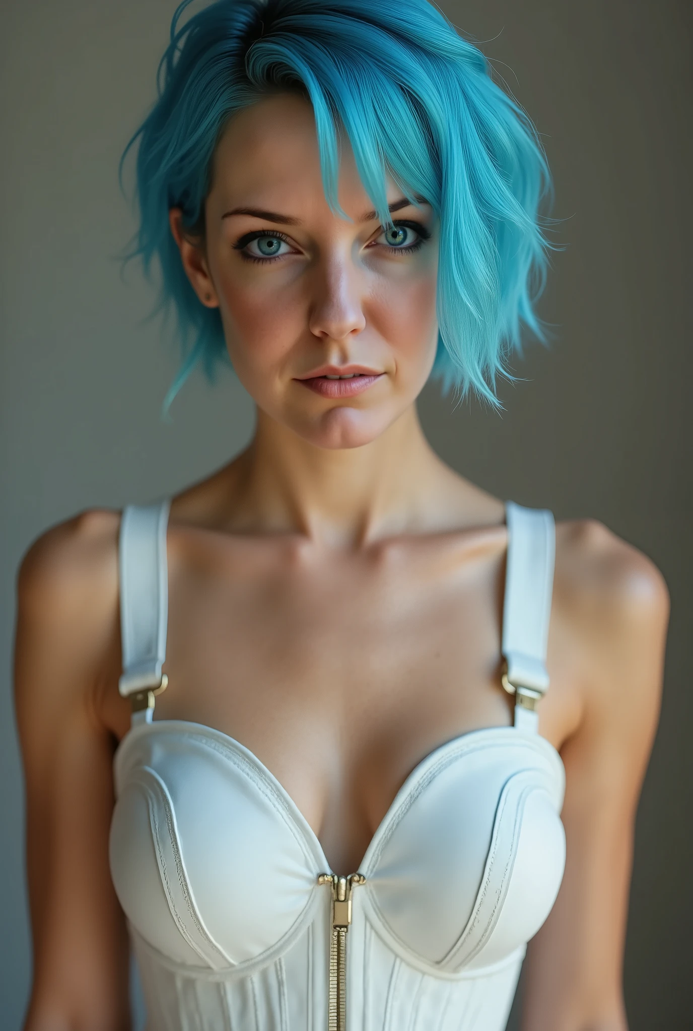 A beautiful caucasian English girl with short pixie cut blue hair, wet slicked back hair, aged 27 years, wearing white leather lingerie, leather corset, stockings, suspenders